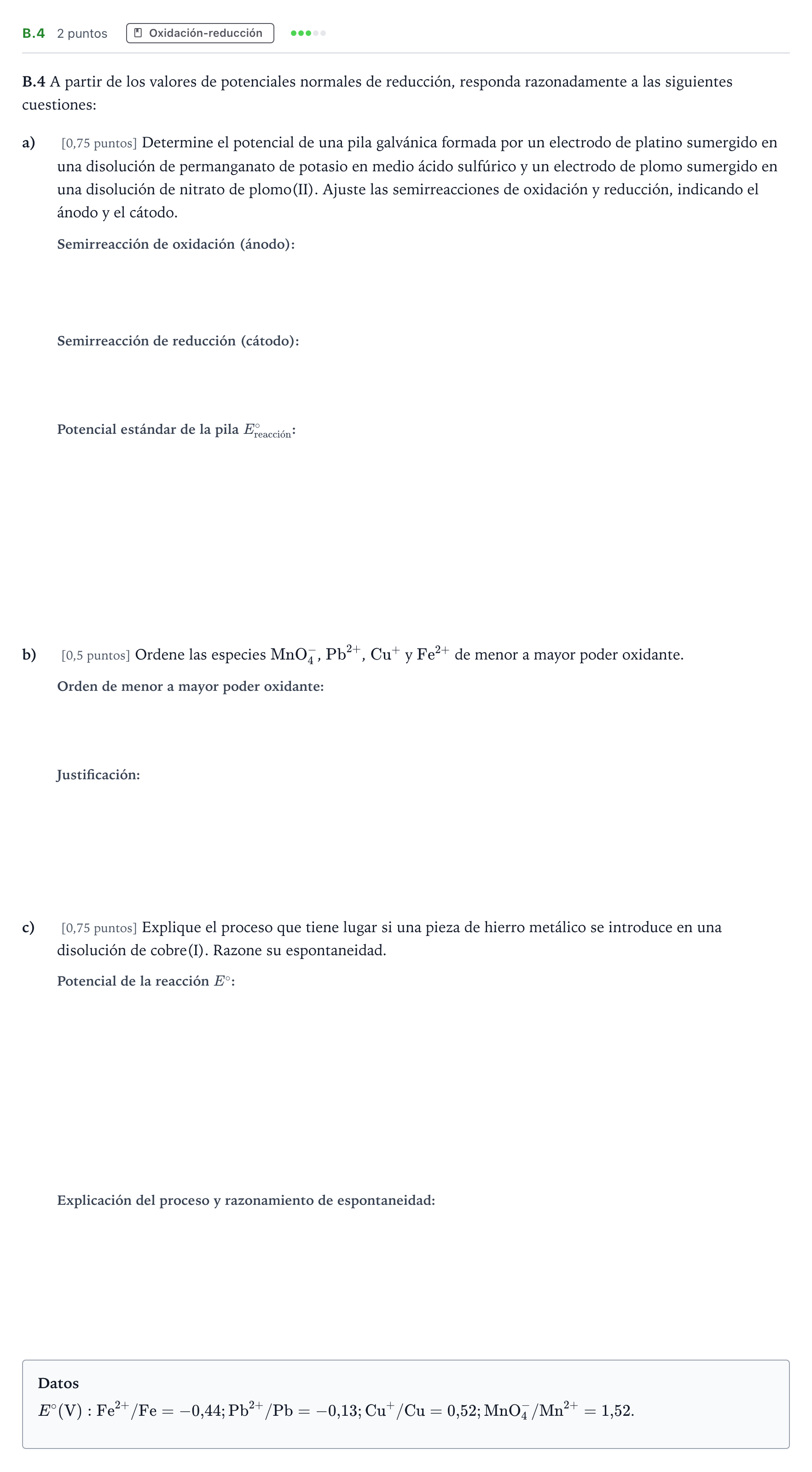 Enunciado: Ejercicio B.4 · Química PAU Madrid Modelo 2024