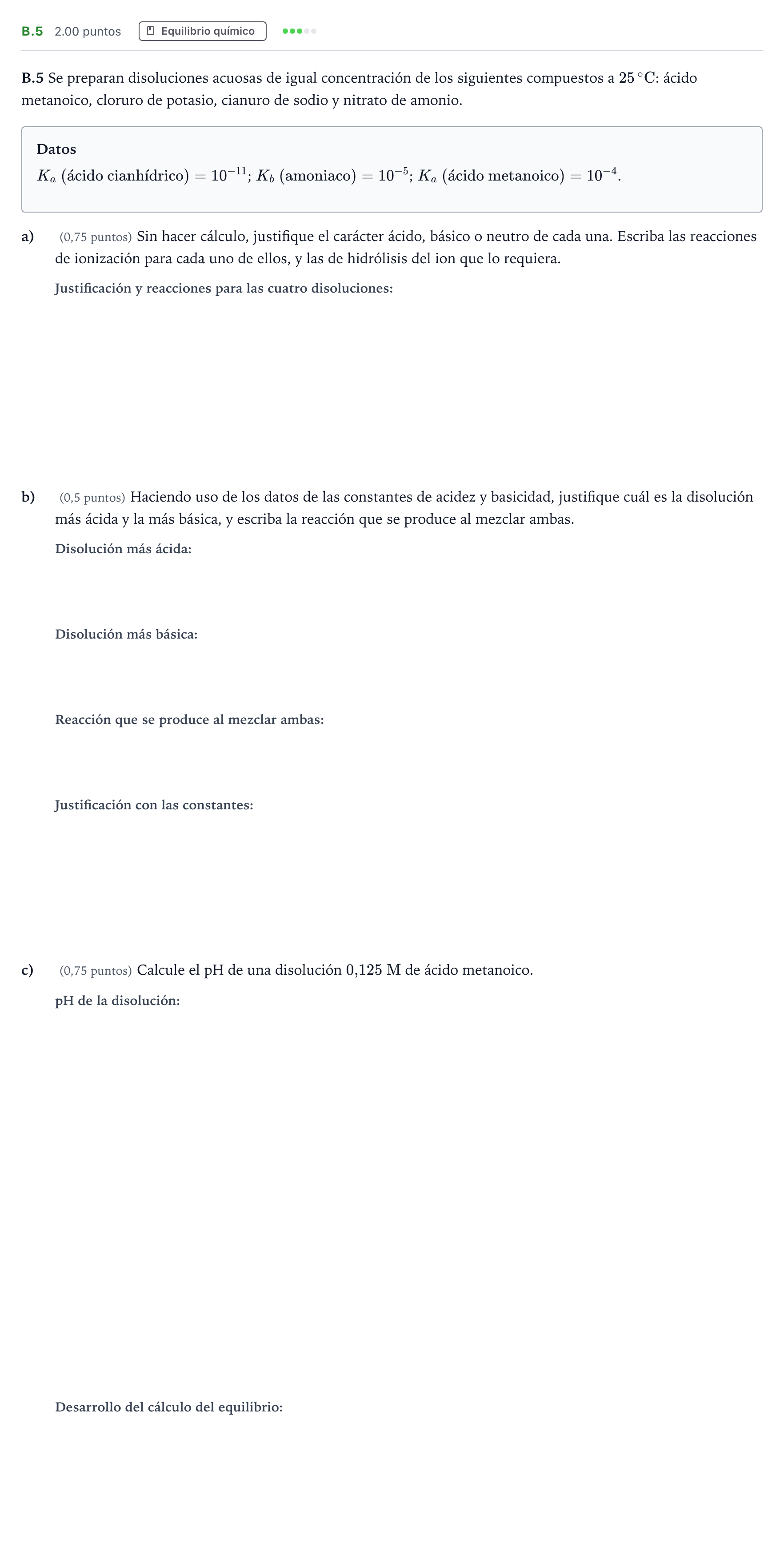 Enunciado: Ejercicio B.5 · Química PAU Madrid Modelo 2024