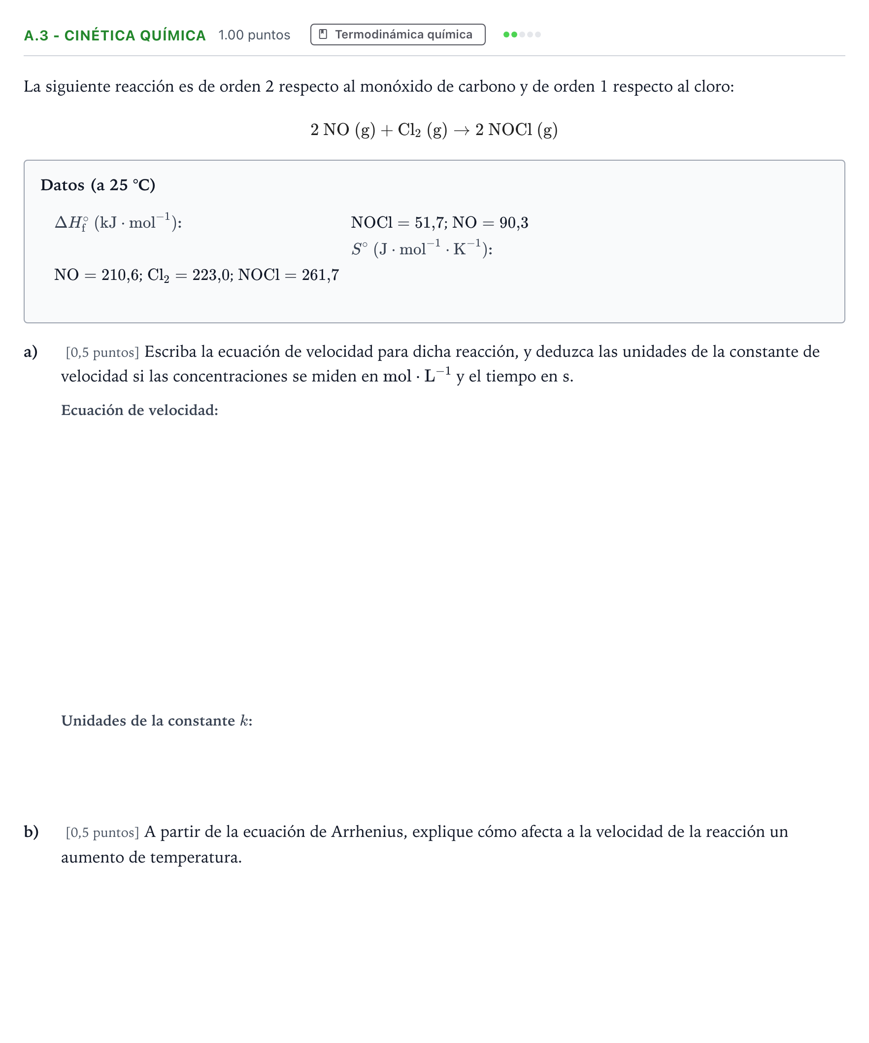 Enunciado: Ejercicio A.3 - Cinética química · Química PAU Madrid Ordinaria 2024