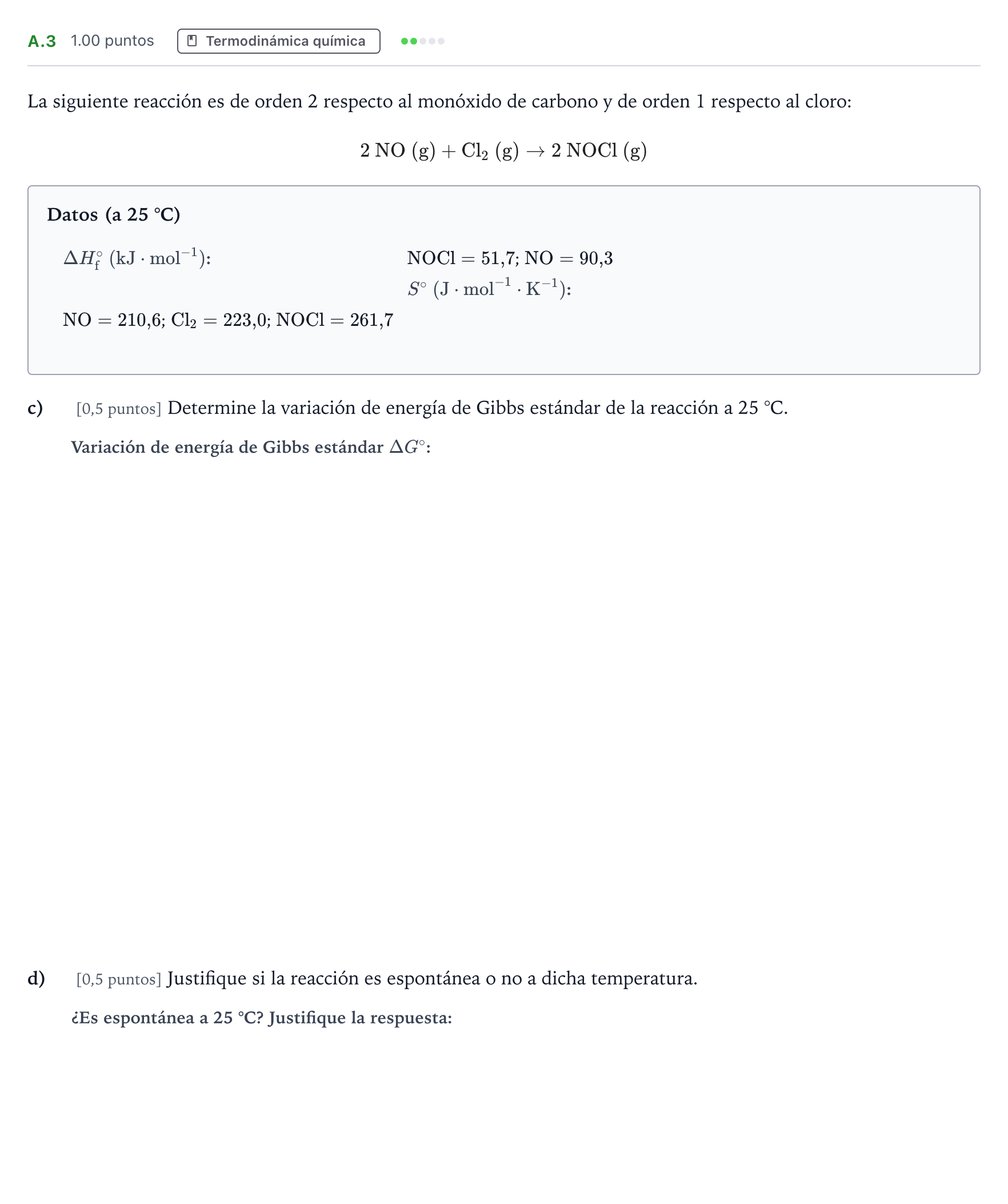 Enunciado: Ejercicio A.3 - Termodinámica química · Química PAU Madrid Ordinaria 2024
