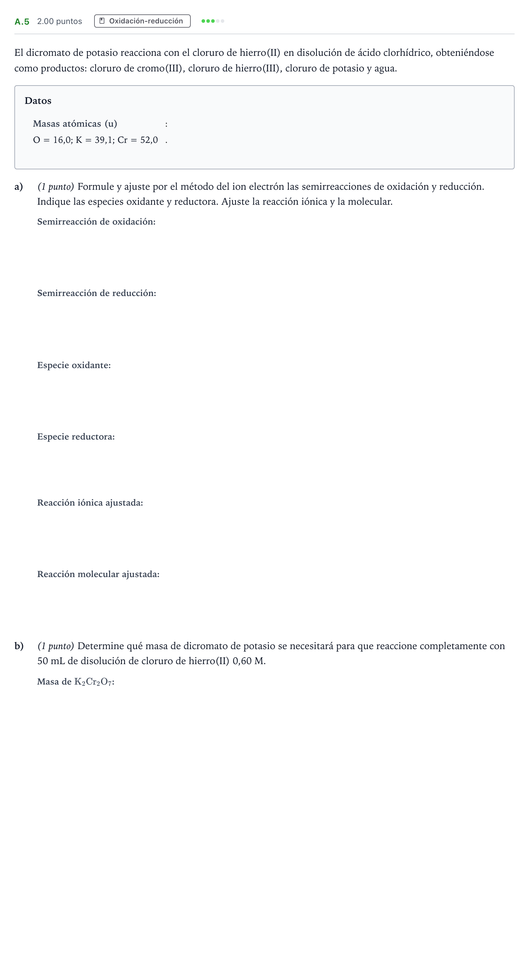 Enunciado: Ejercicio A.5 · Química PAU Madrid Ordinaria 2024