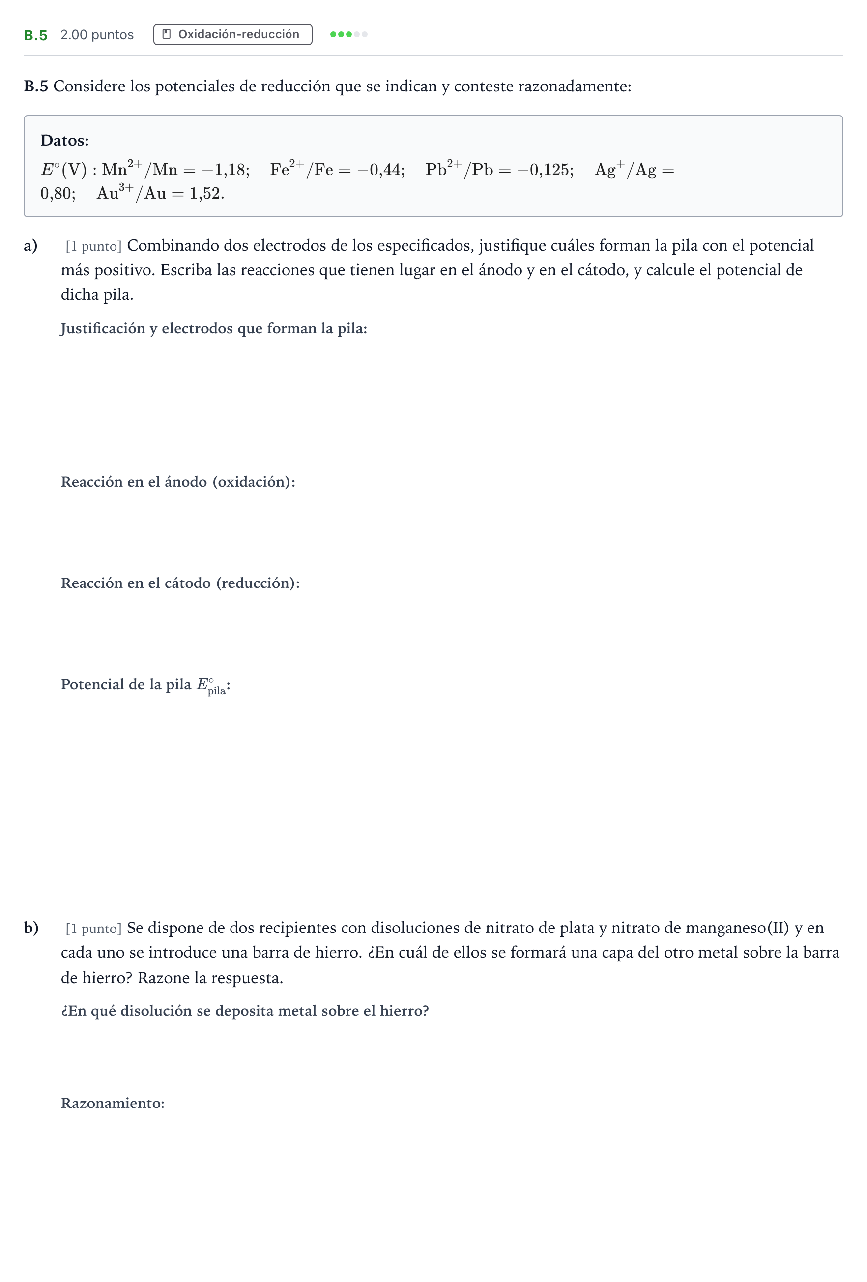 Enunciado: Ejercicio B.5 · Química PAU Madrid Ordinaria 2024