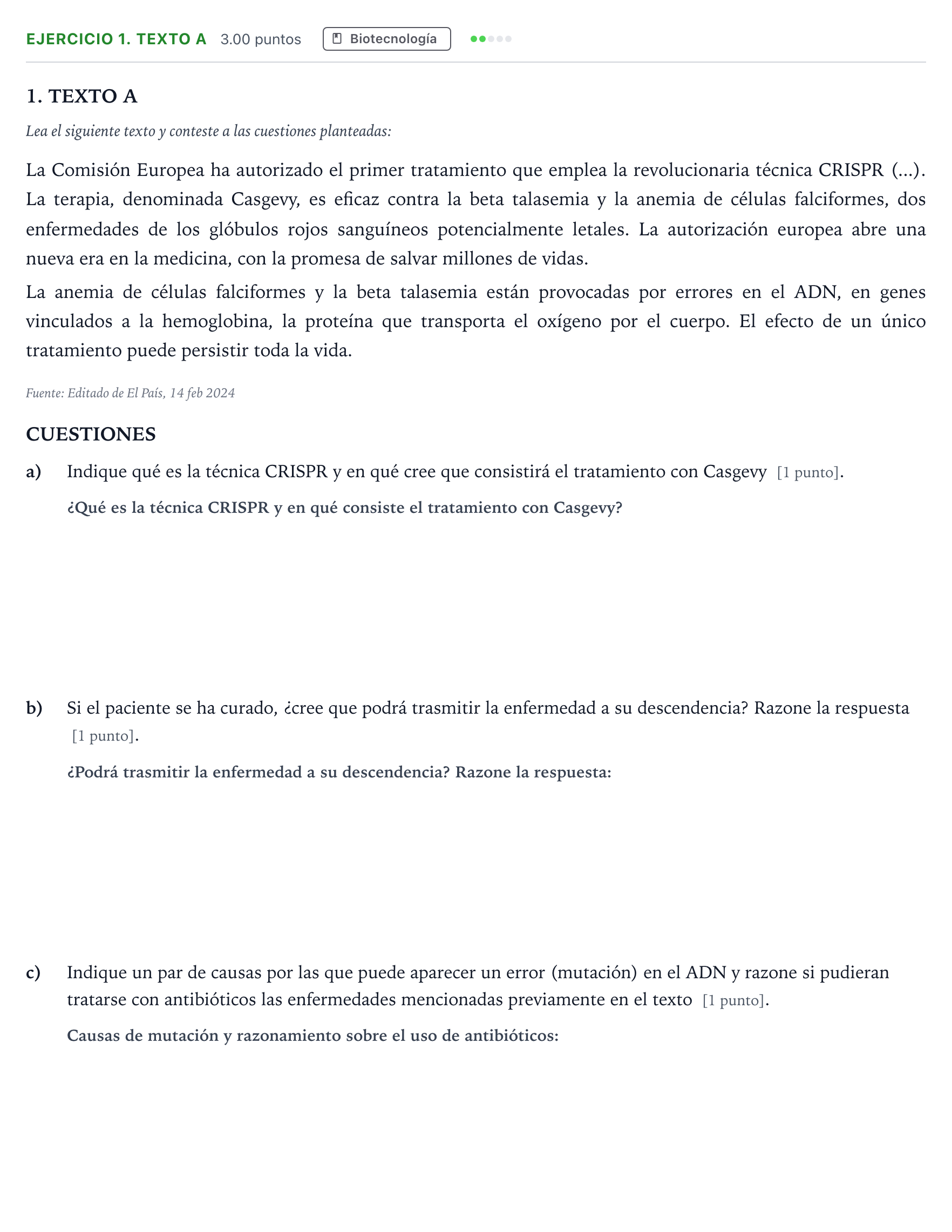 Enunciado: Ejercicio 1. TEXTO A · Ciencias Generales PAU Madrid Extraordinaria 2025