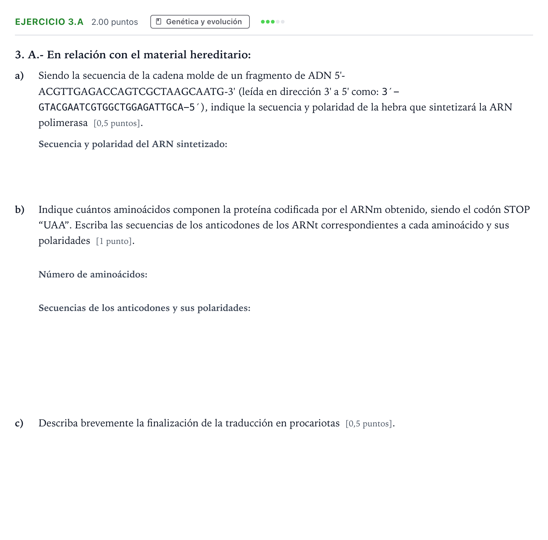 Enunciado: Ejercicio 3.A · Biología PAU Madrid Modelo 2025