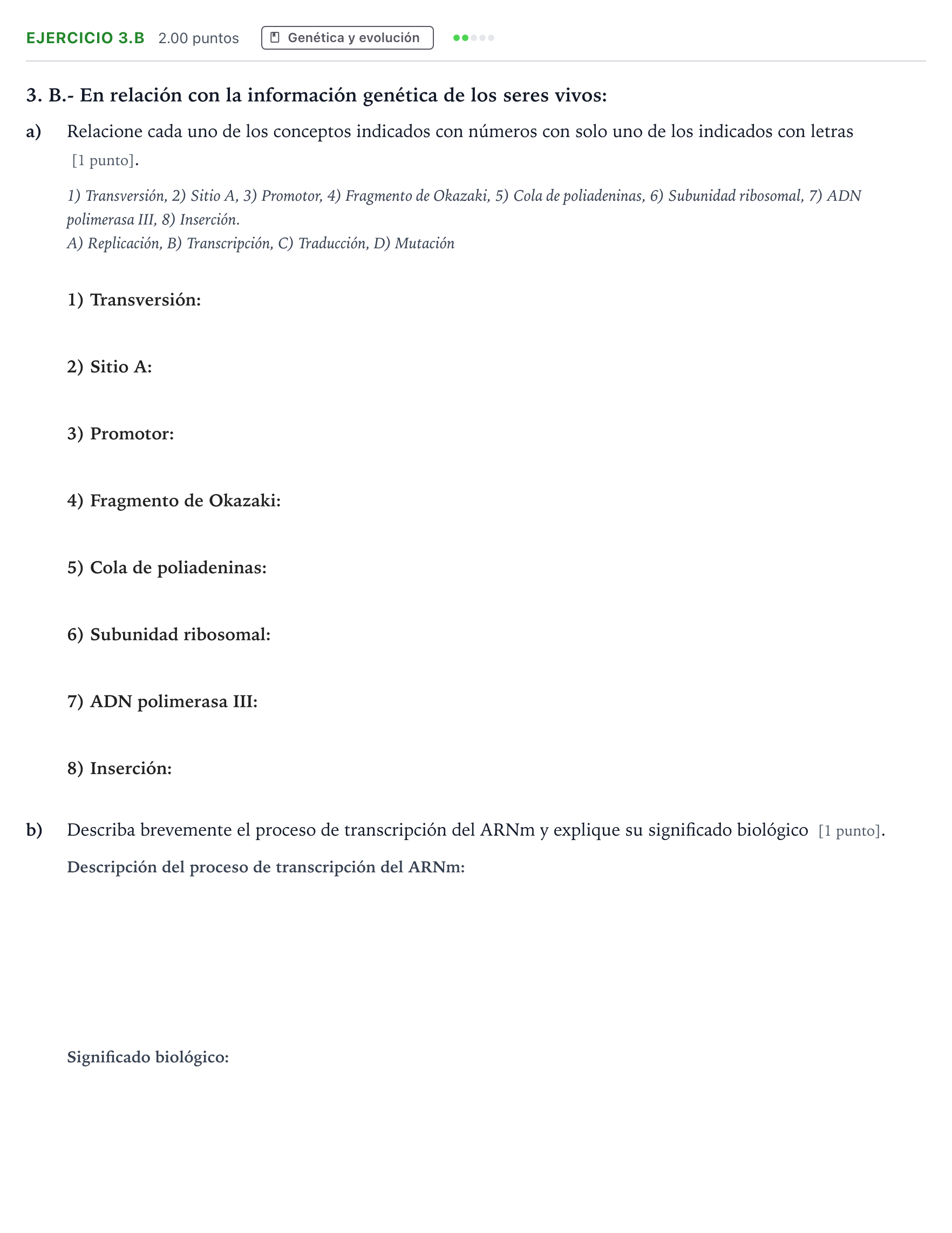 Enunciado: Ejercicio 3.B · Biología PAU Madrid Modelo 2025