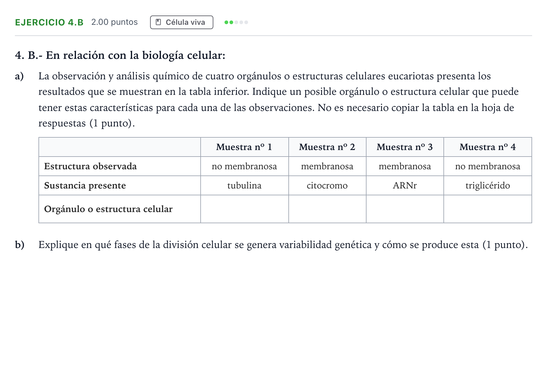 Enunciado: Ejercicio 4.B · Biología PAU Madrid Modelo 2025