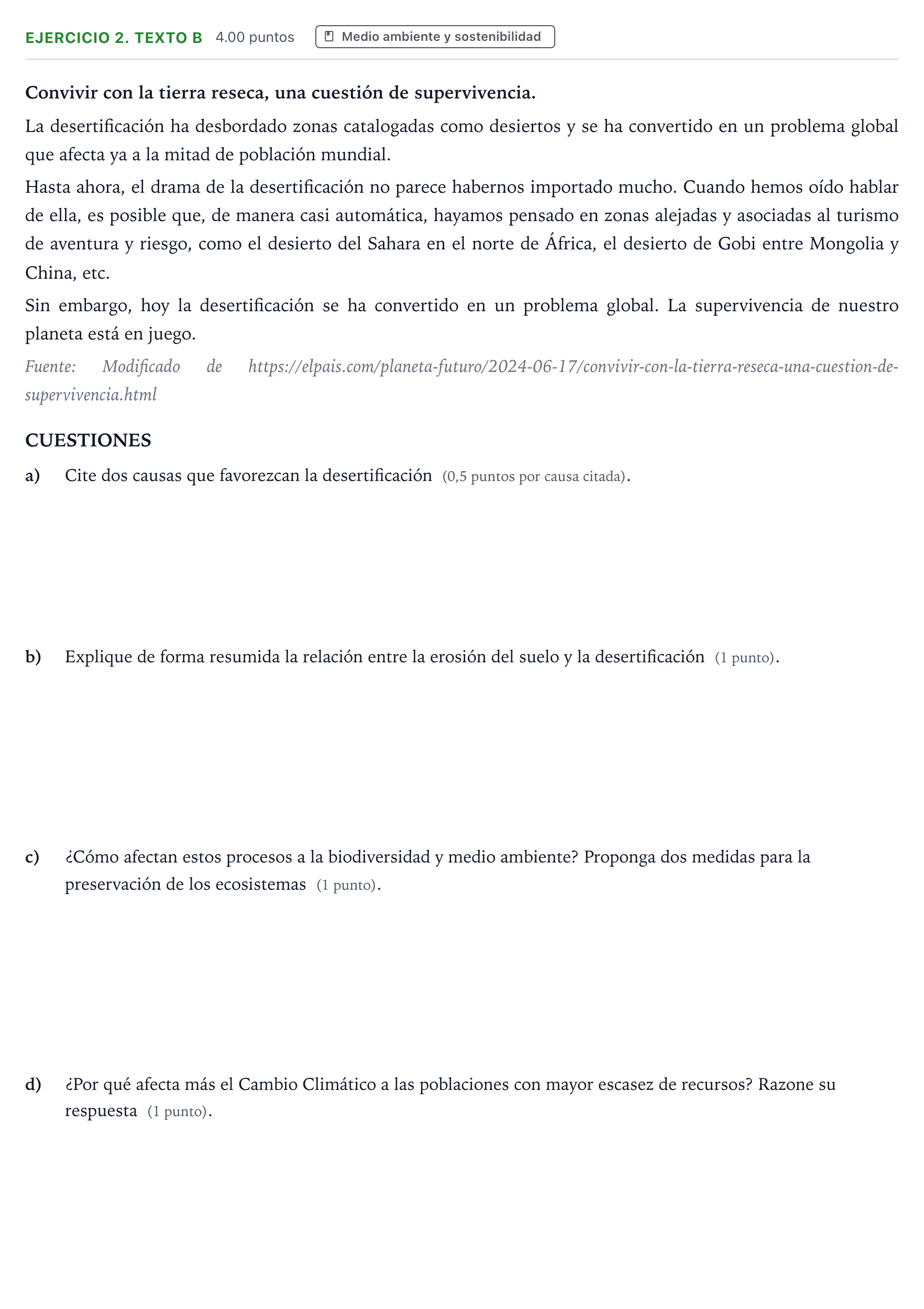 Enunciado: Ejercicio 2. TEXTO B · Ciencias Generales PAU Madrid Extraordinaria Coincidencias 2025