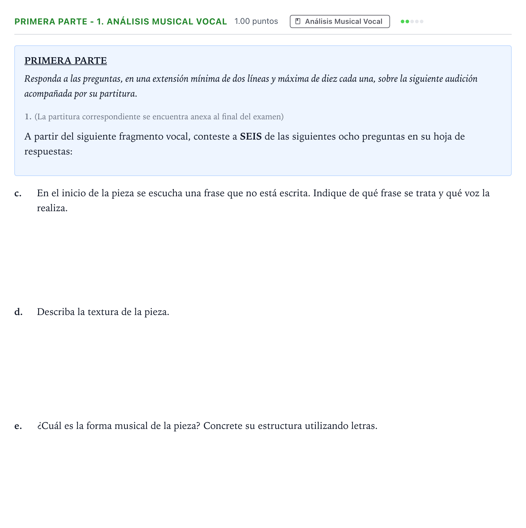 Enunciado: Ejercicio Primera parte - 1. Análisis Musical Vocal · Coro y Técnica Vocal II PAU Madrid Extraordinaria 2025