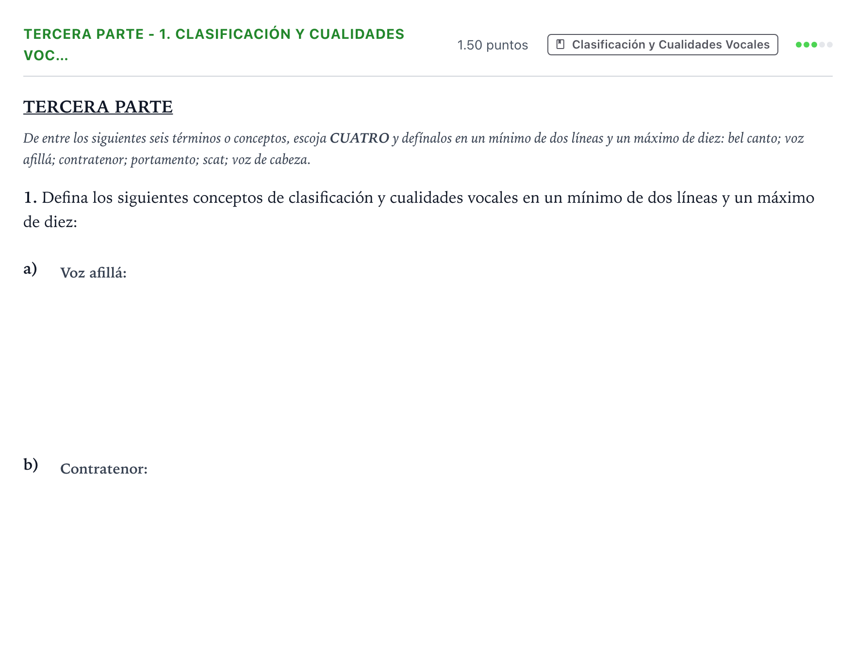 Enunciado: Ejercicio Tercera parte - 1. Clasificación y Cualidades Voc… · Coro y Técnica Vocal II PAU Madrid Extraordinaria 2025