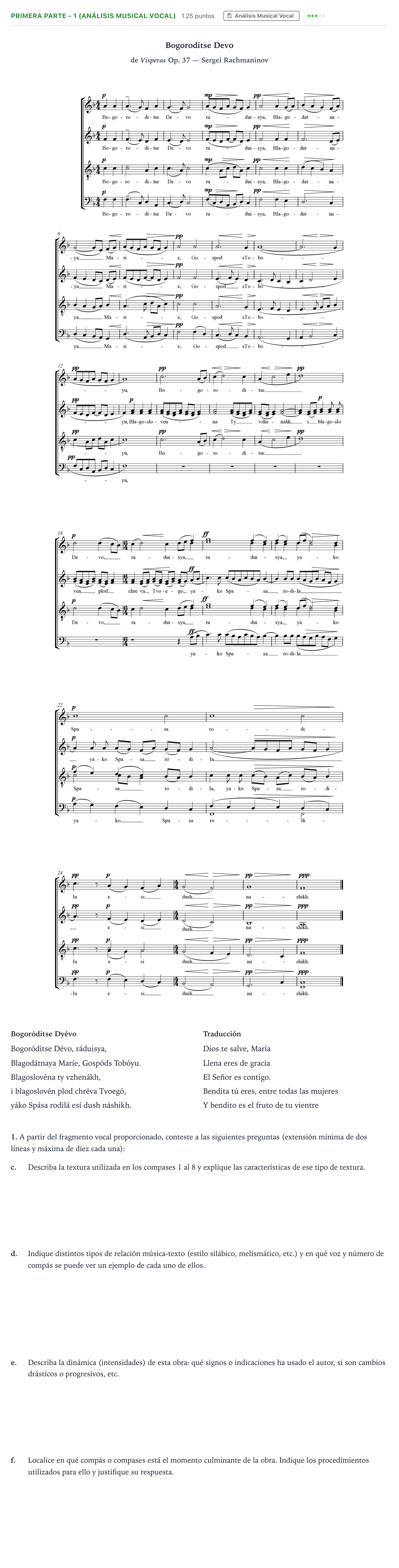 Enunciado: Ejercicio Primera Parte - 1 (Análisis Musical Vocal) · Coro y Técnica Vocal II PAU Madrid Modelo 2025