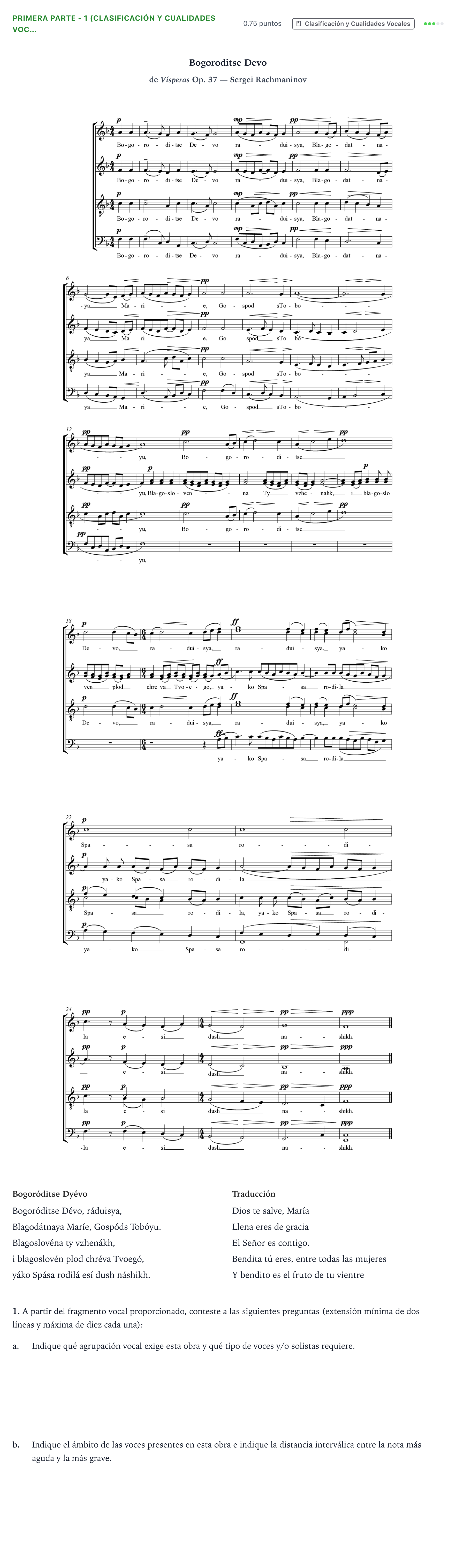 Enunciado: Ejercicio Primera Parte - 1 (Clasificación y Cualidades Voc… · Coro y Técnica Vocal II PAU Madrid Modelo 2025