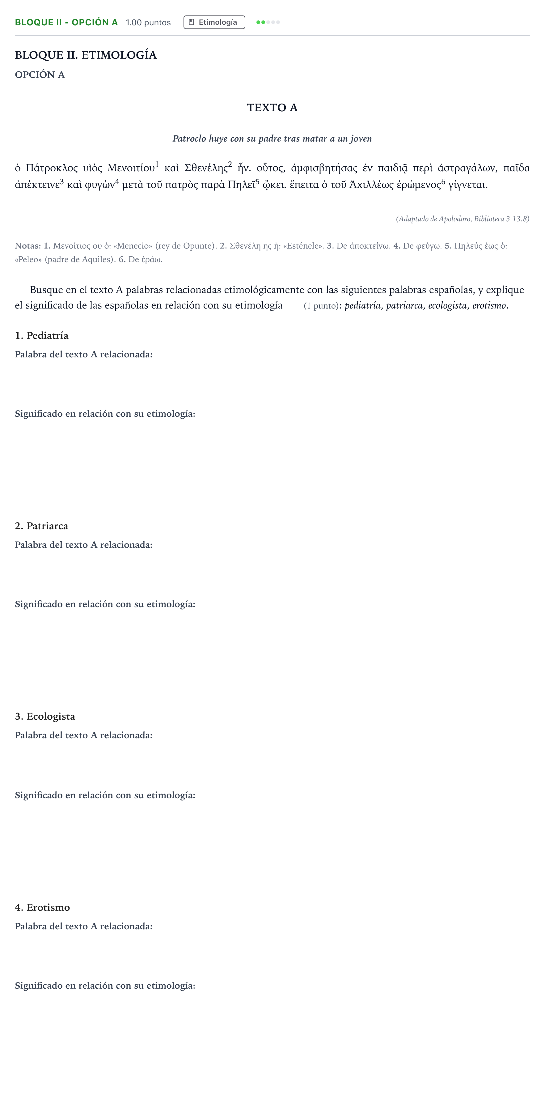 Enunciado: Bloque II - Opción A · Griego II PAU Madrid Modelo 2025