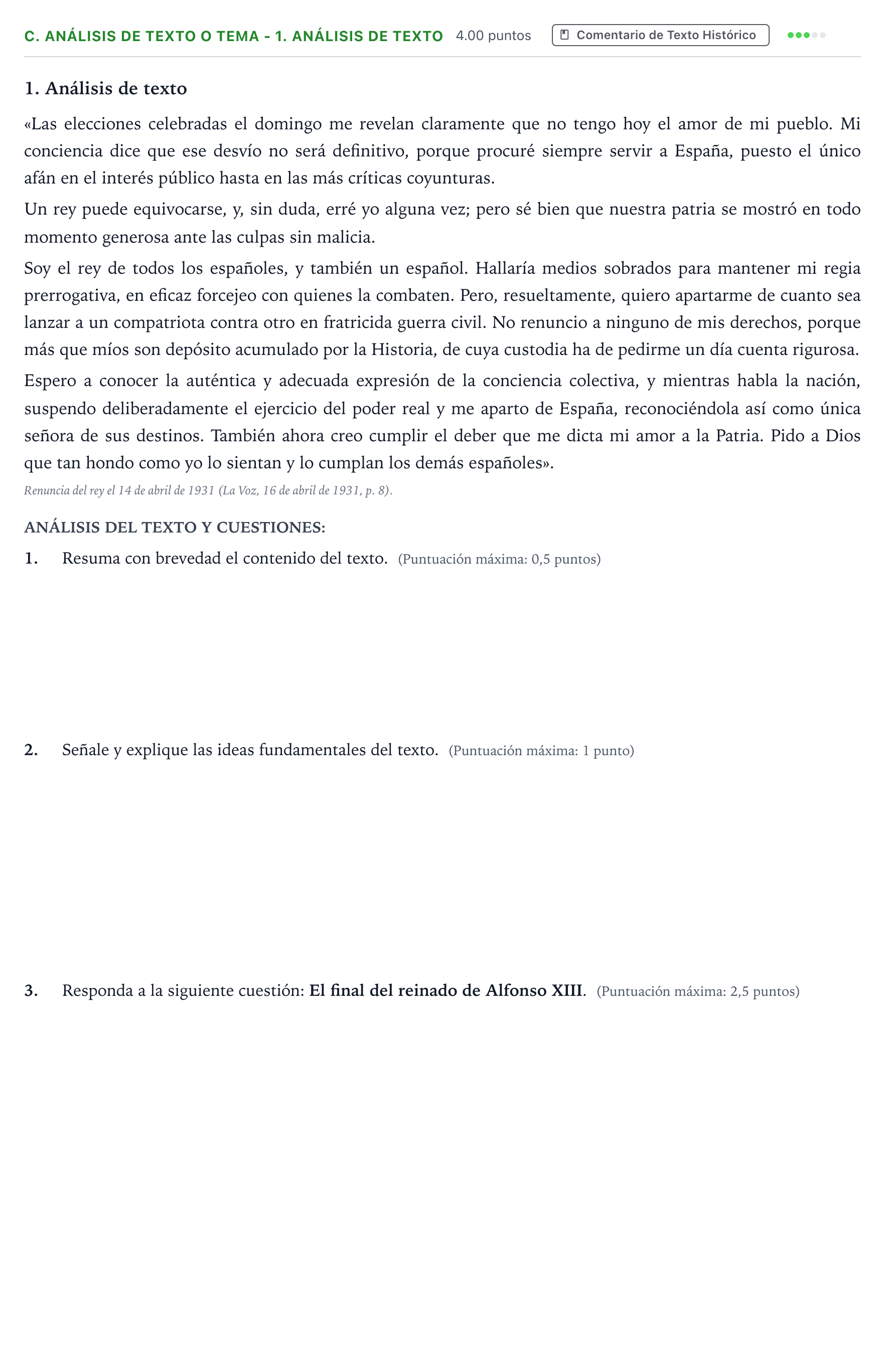 Enunciado: Ejercicio C. Análisis de texto o tema - 1. Análisis de texto · Historia de España PAU Madrid Extraordinaria 2025
