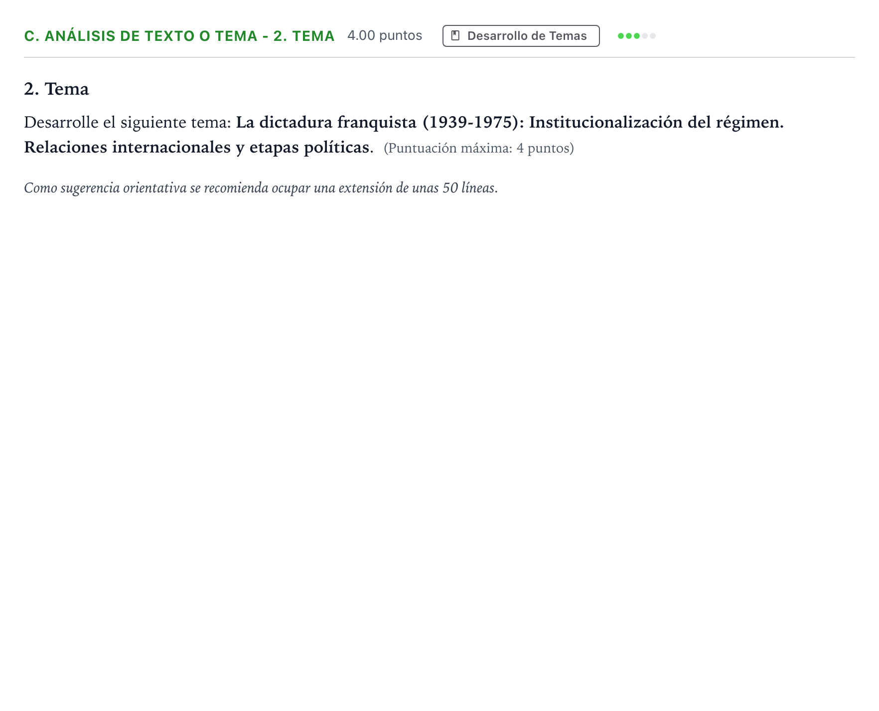 Enunciado: Ejercicio C. Análisis de texto o tema - 2. Tema · Historia de España PAU Madrid Extraordinaria 2025