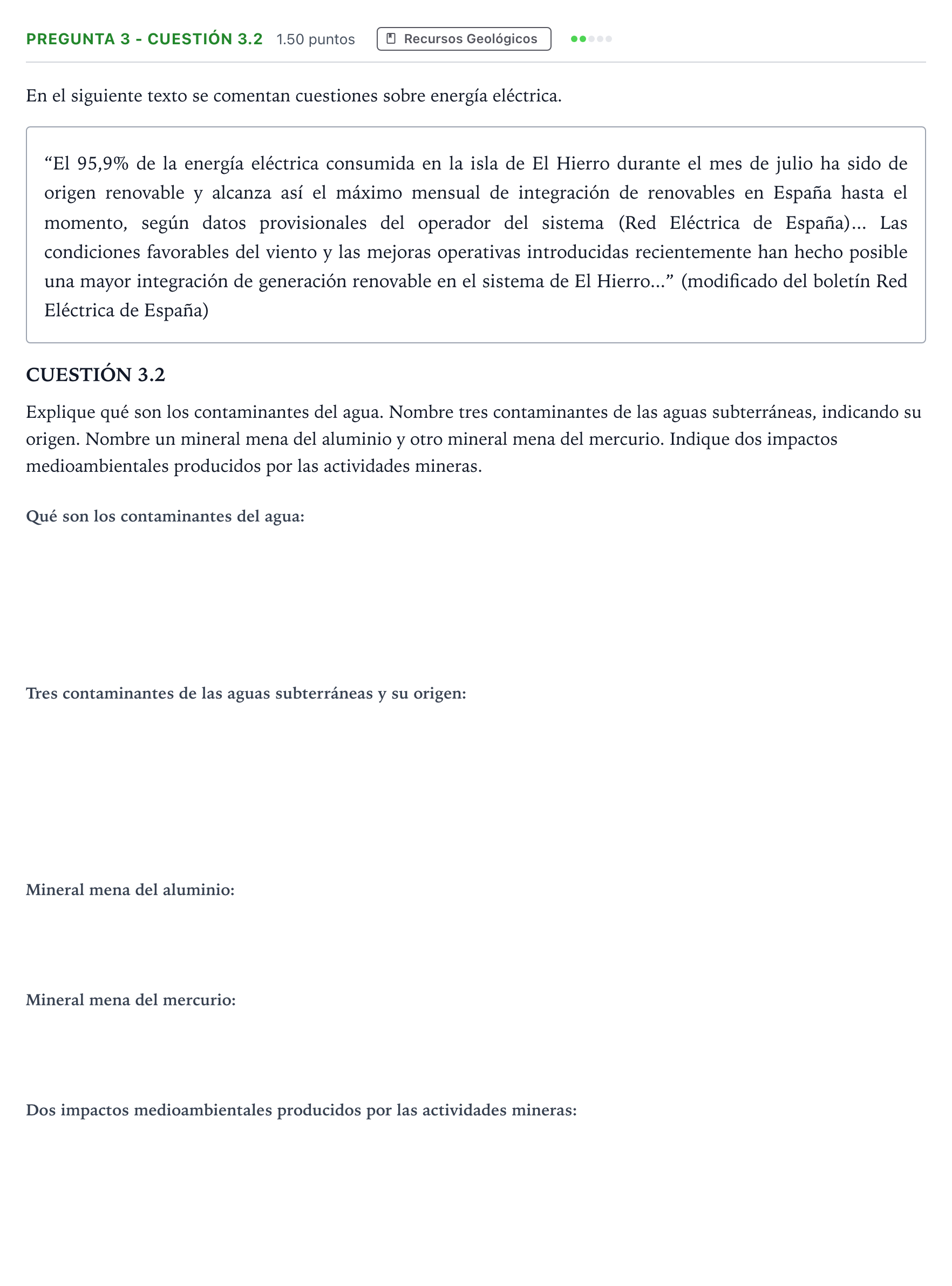 Enunciado: Pregunta 3 - Cuestión 3.2 · Geología PAU Madrid Modelo 2025