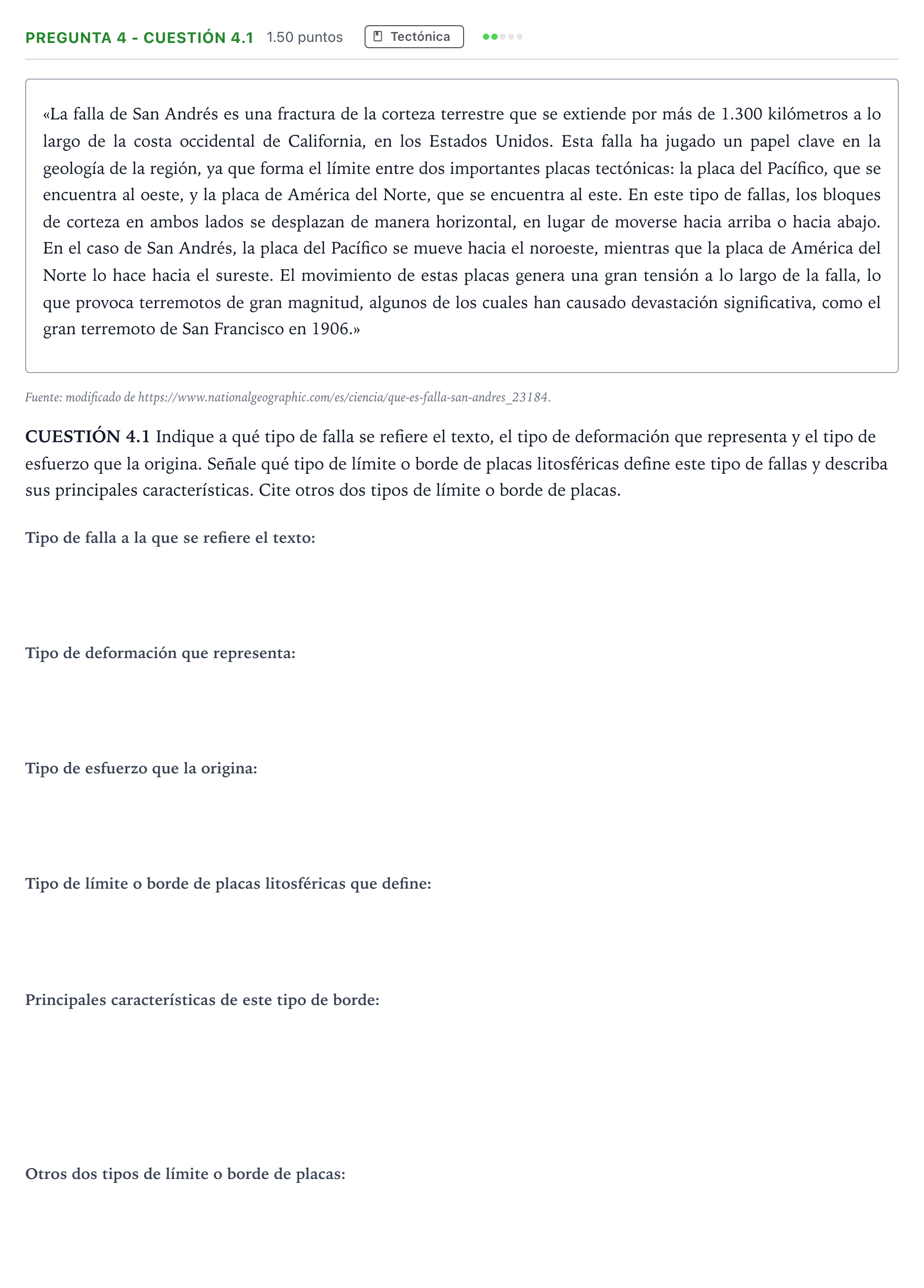 Enunciado: Pregunta 4 - Cuestión 4.1 · Geología PAU Madrid Ordinaria 2025