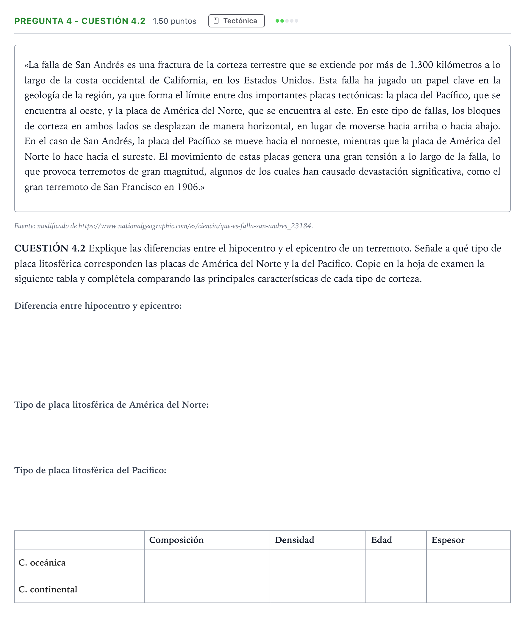 Enunciado: Pregunta 4 - Cuestión 4.2 · Geología PAU Madrid Ordinaria 2025