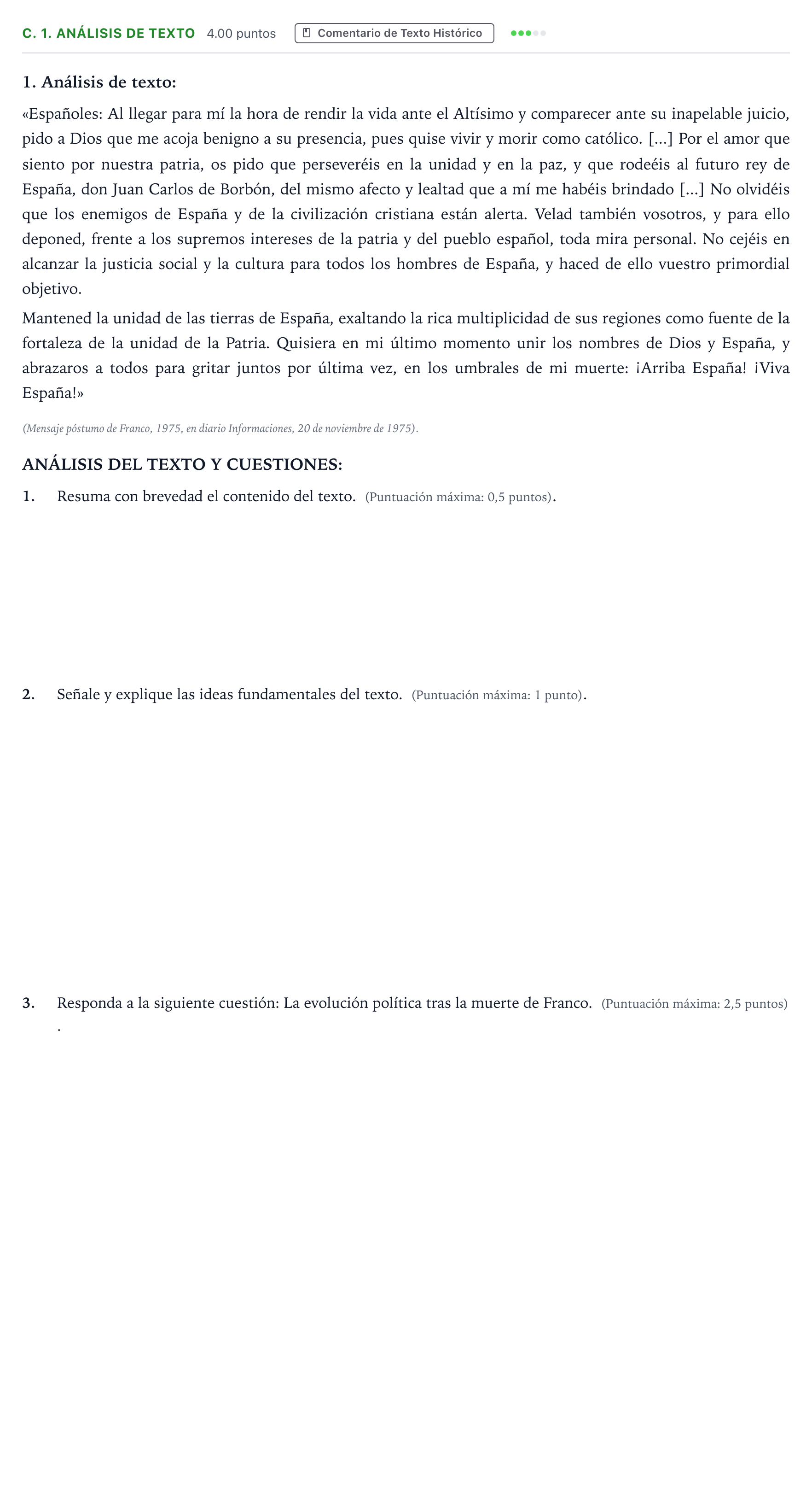 Enunciado: Ejercicio C. 1. Análisis de texto · Historia de España PAU Madrid Extraordinaria Coincidencias 2025