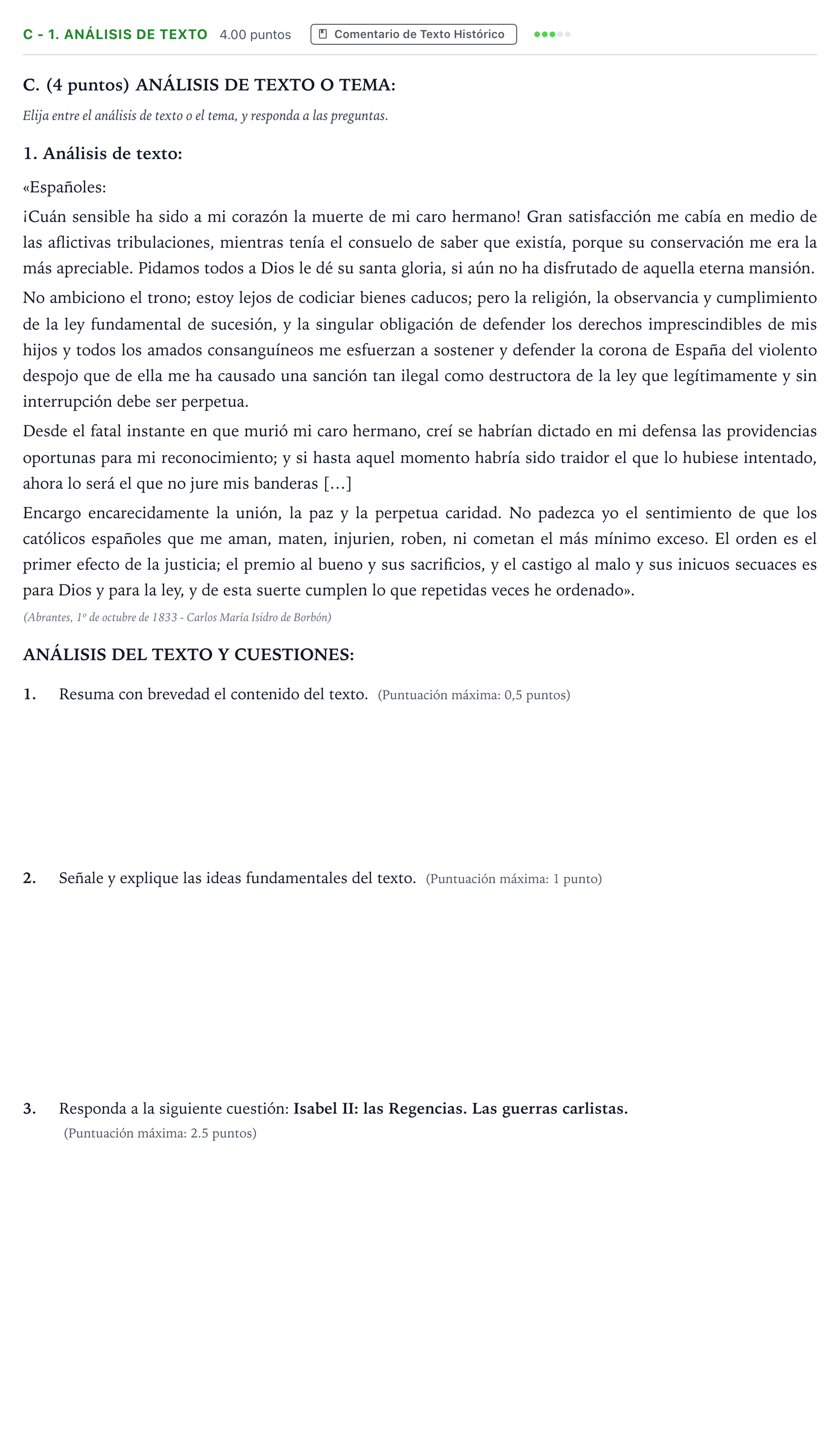 Enunciado: Ejercicio C - 1. Análisis de texto · Historia de España PAU Madrid Modelo 2025