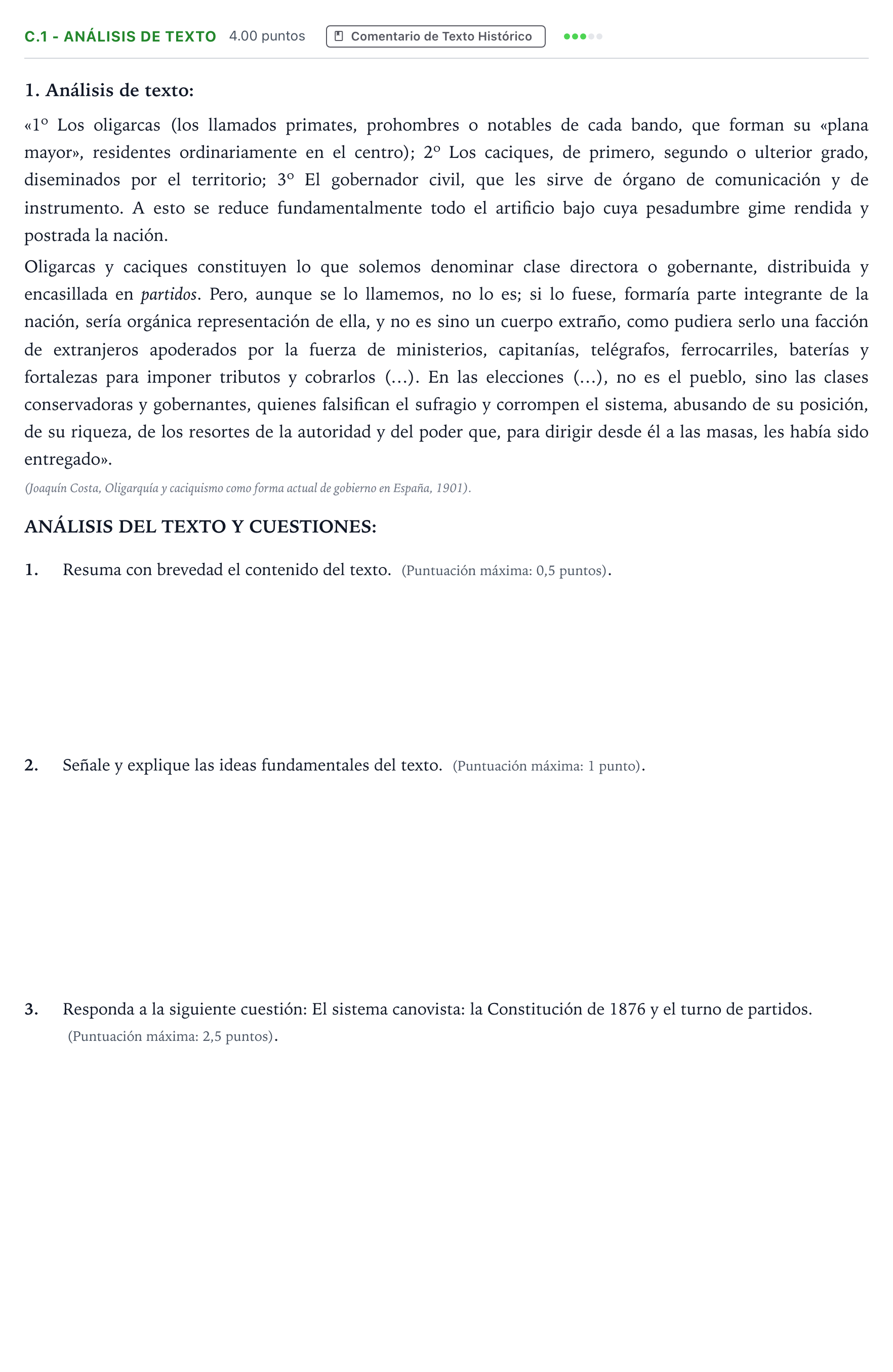 Enunciado: Ejercicio C.1 - Análisis de texto · Historia de España PAU Madrid Ordinaria Coincidencias 2025