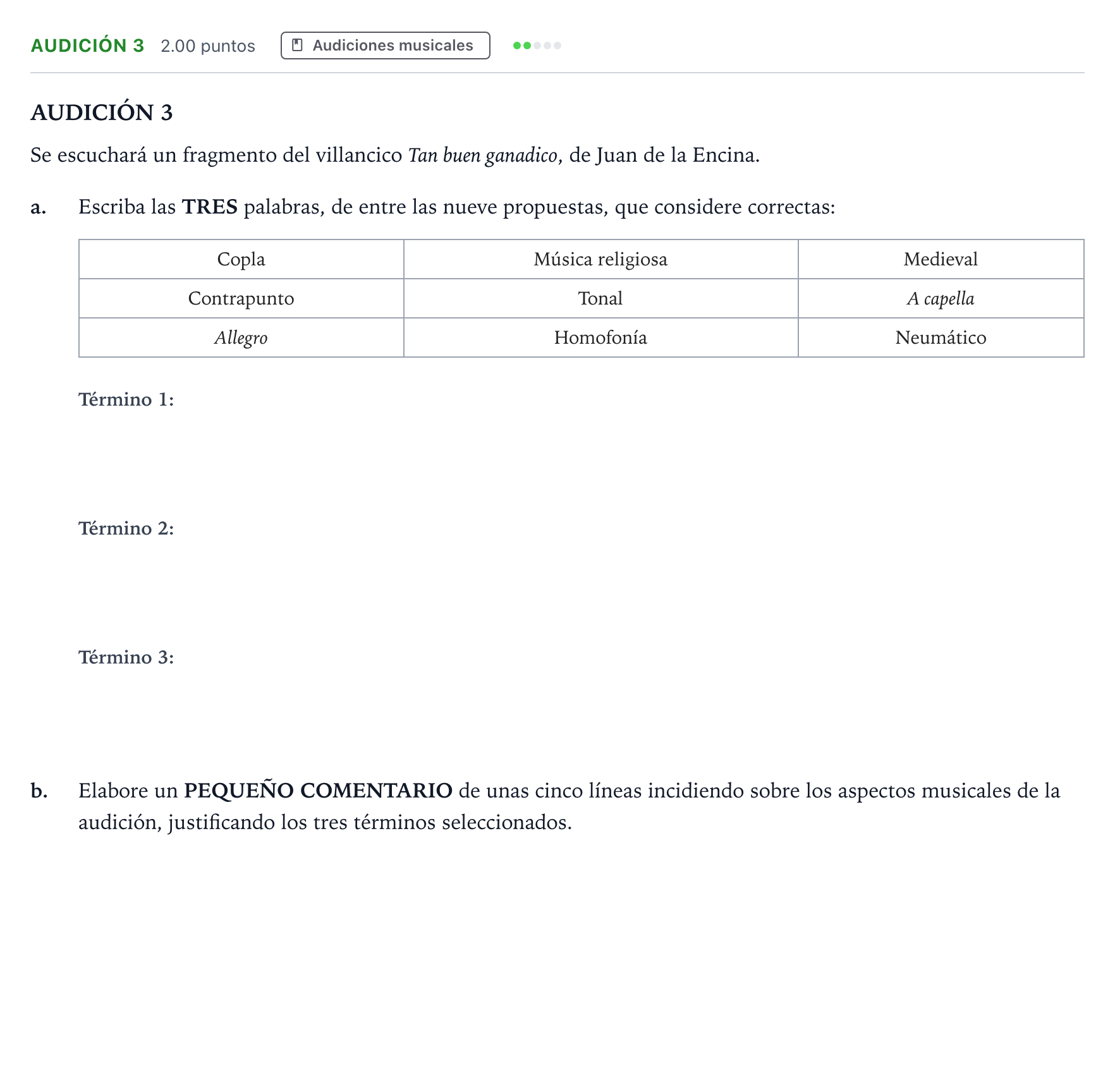 Enunciado: Ejercicio Audición 3 · Historia de la Música y de la Danza PAU Madrid Extraordinaria 2025