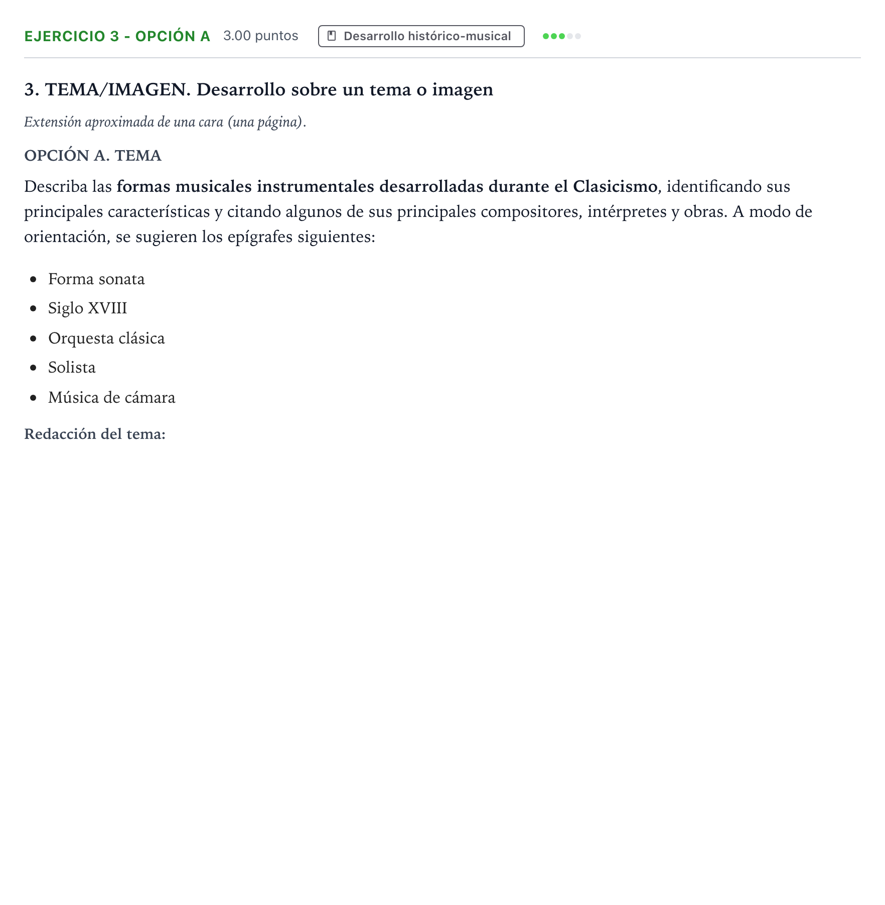 Enunciado: Ejercicio 3 - Opción A · Historia de la Música y de la Danza PAU Madrid Extraordinaria 2025