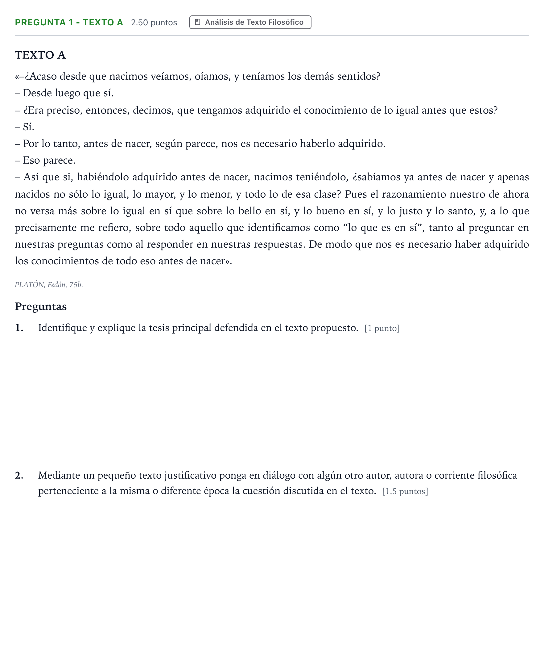 Enunciado: Pregunta 1 - Texto A · Historia de la Filosofía PAU Madrid Extraordinaria Coincidencias 2025