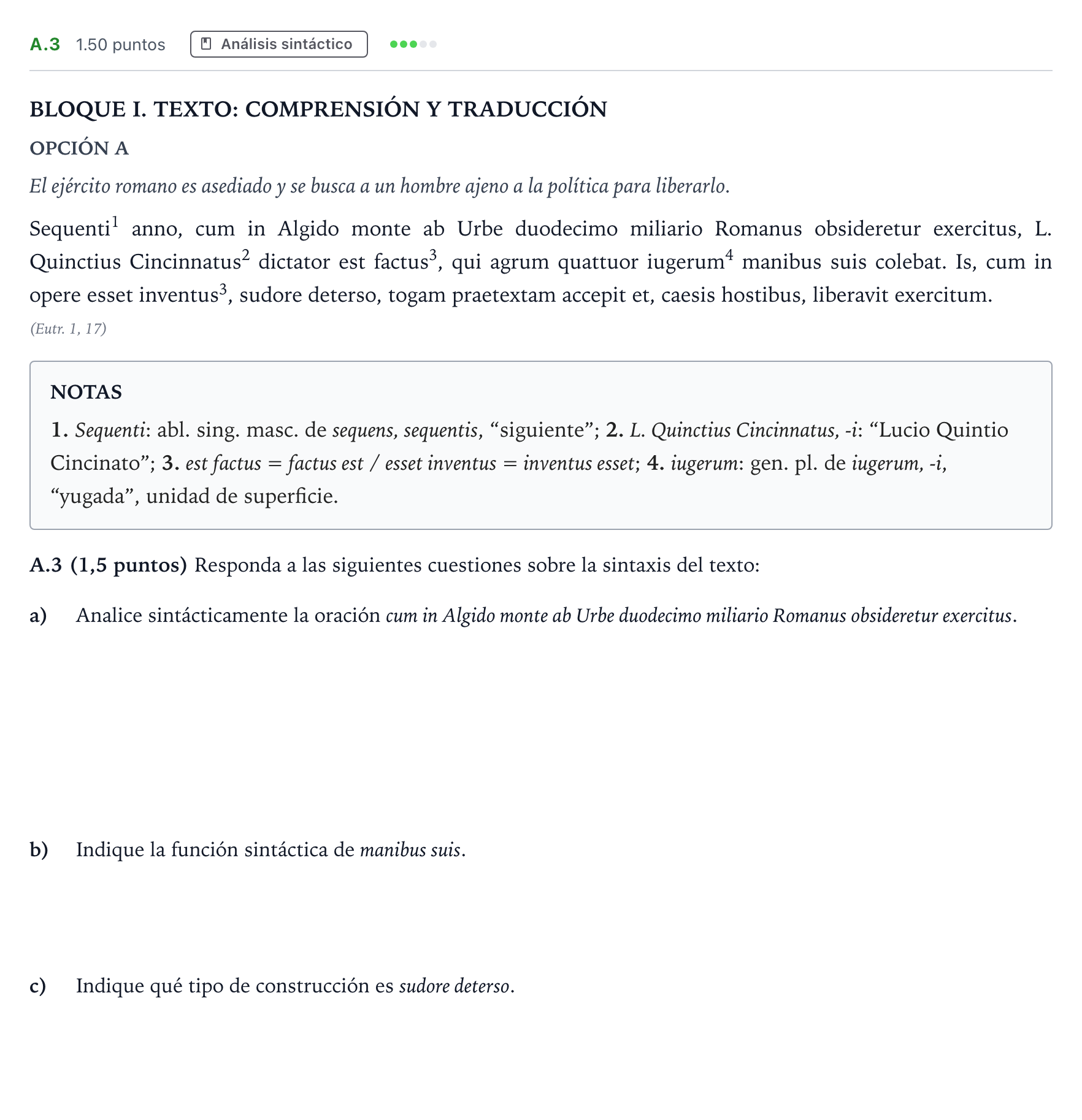 Enunciado: Ejercicio A.3 · Latín II PAU Madrid Extraordinaria 2025
