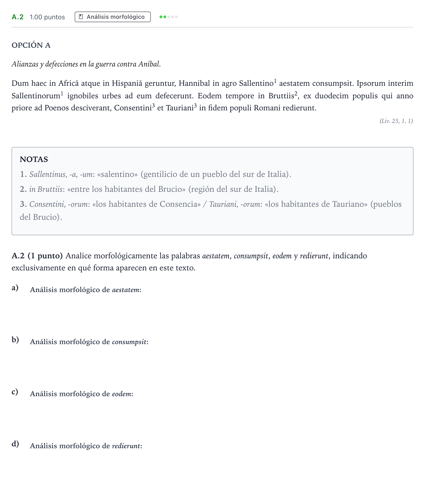 Enunciado: Ejercicio A.2 · Latín II PAU Madrid Extraordinaria Coincidencias 2025