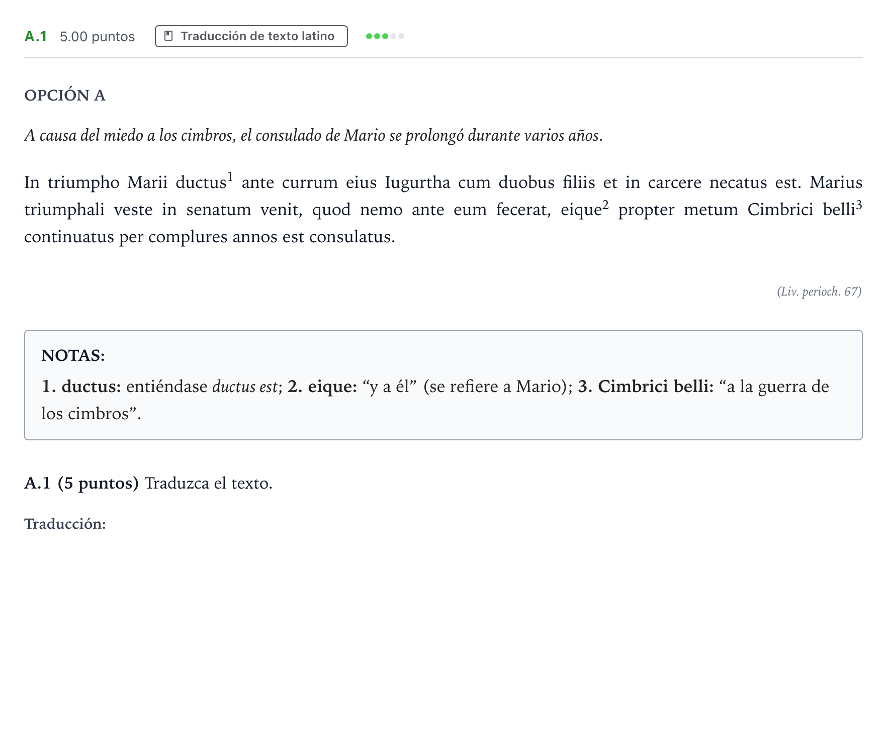 Enunciado: Ejercicio A.1 · Latín II PAU Madrid Modelo 2025