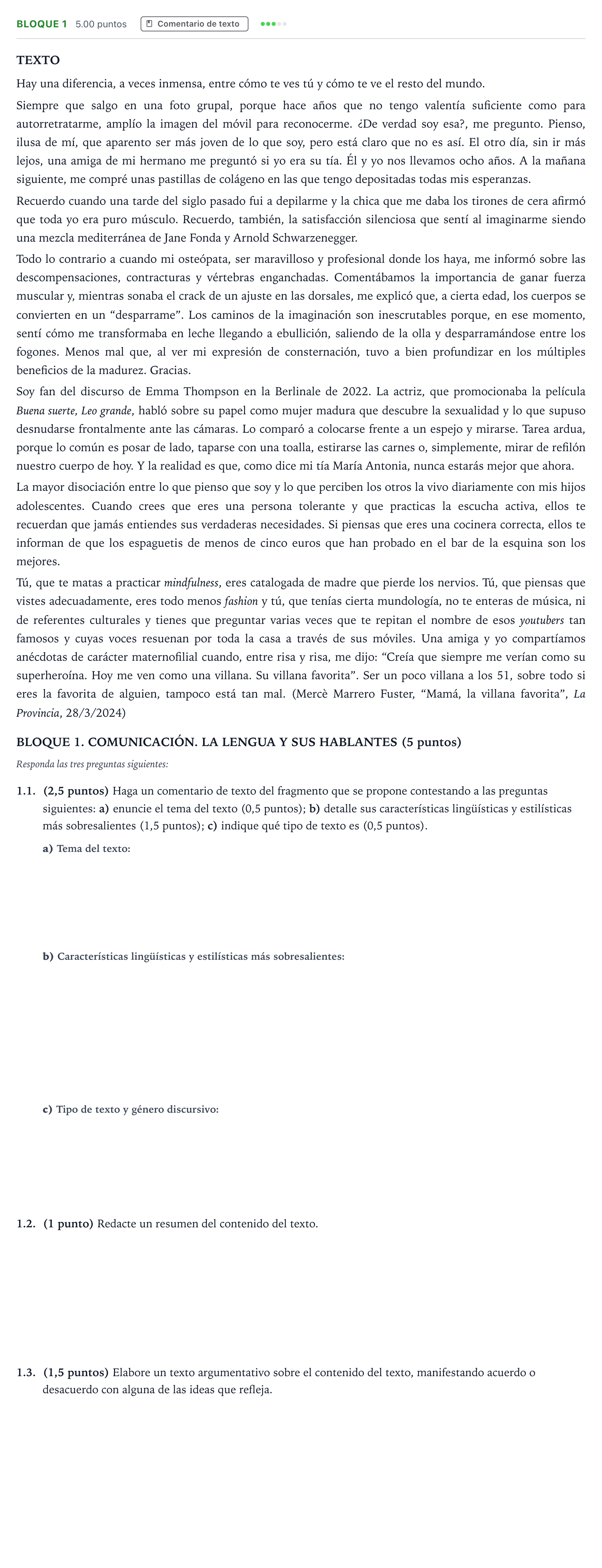 Enunciado: Bloque 1 · Lengua Castellana y Literatura II PAU Madrid Extraordinaria 2025