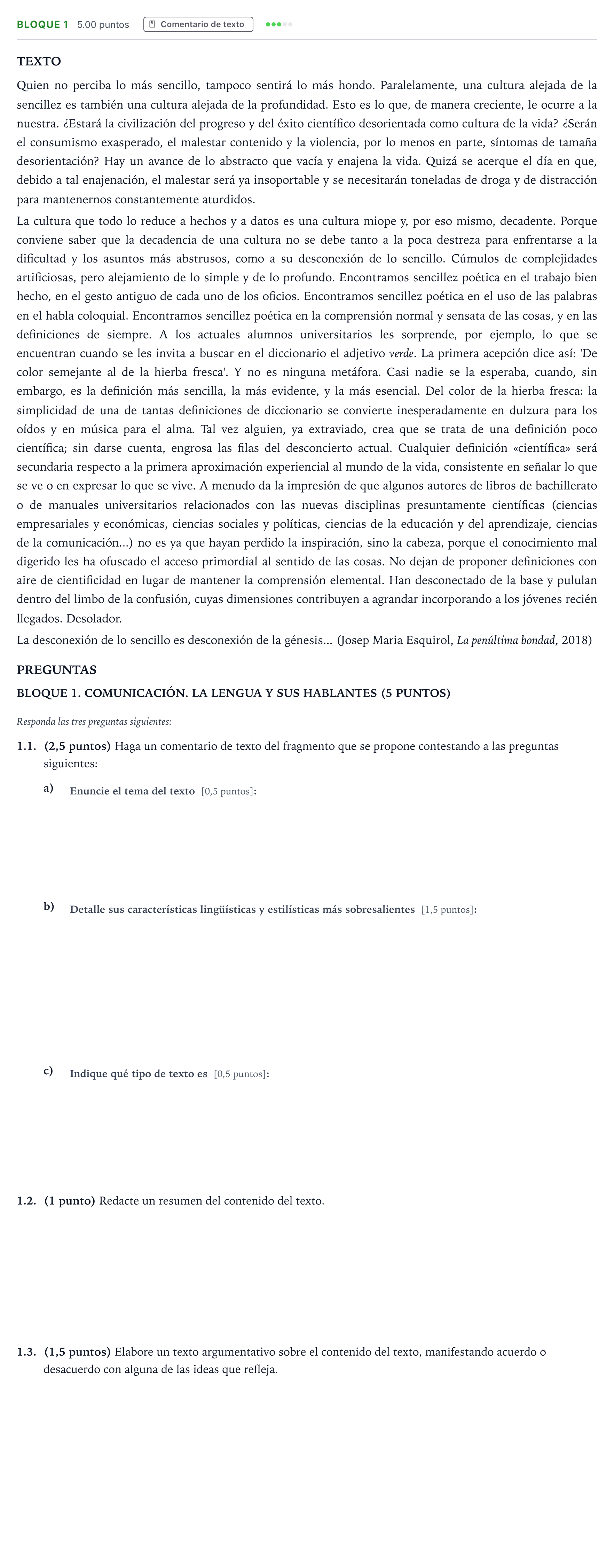 Enunciado: Bloque 1 · Lengua Castellana y Literatura II PAU Madrid Modelo 2025