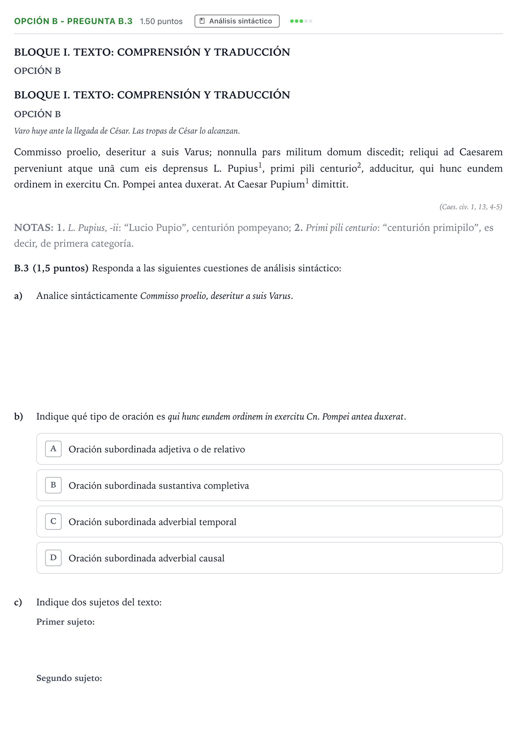 Enunciado: Opción B - Pregunta B.3 · Latín II PAU Madrid Ordinaria Coincidencias 2025