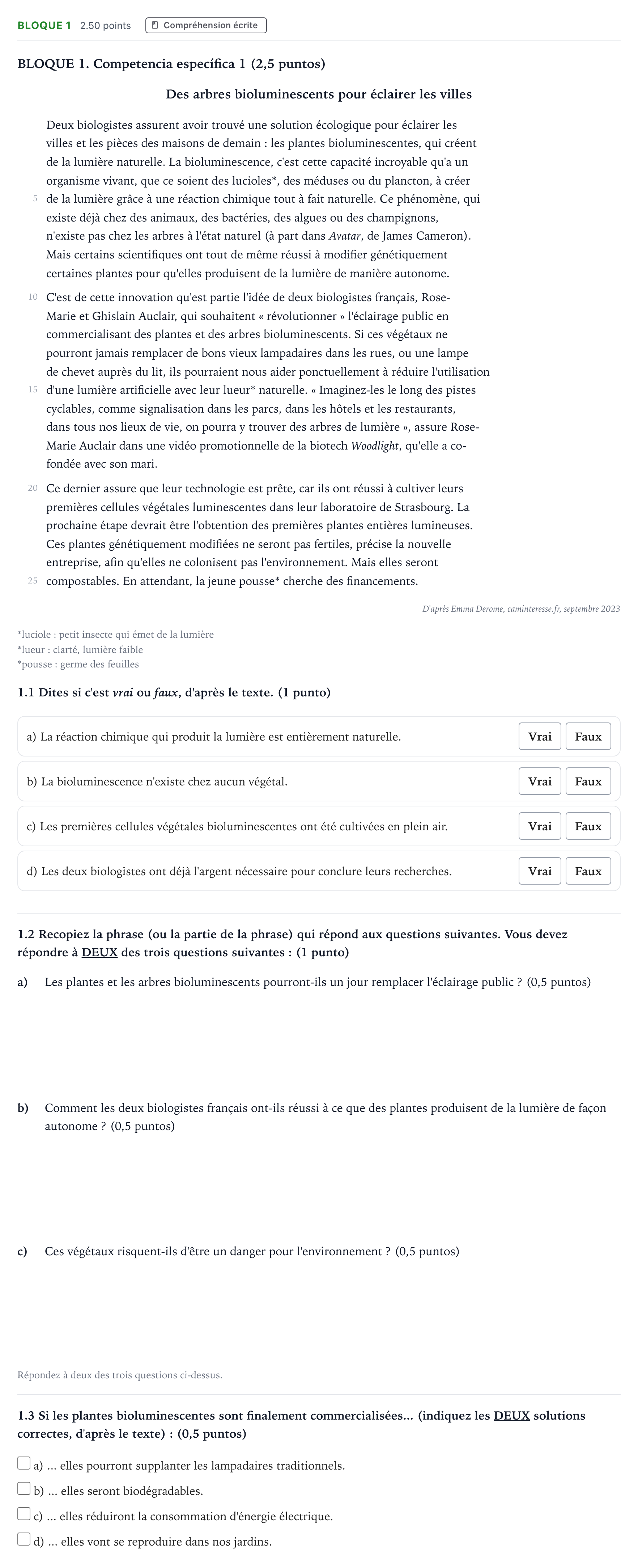 Enunciado: Bloque 1 · Francés PAU Madrid Modelo 2025