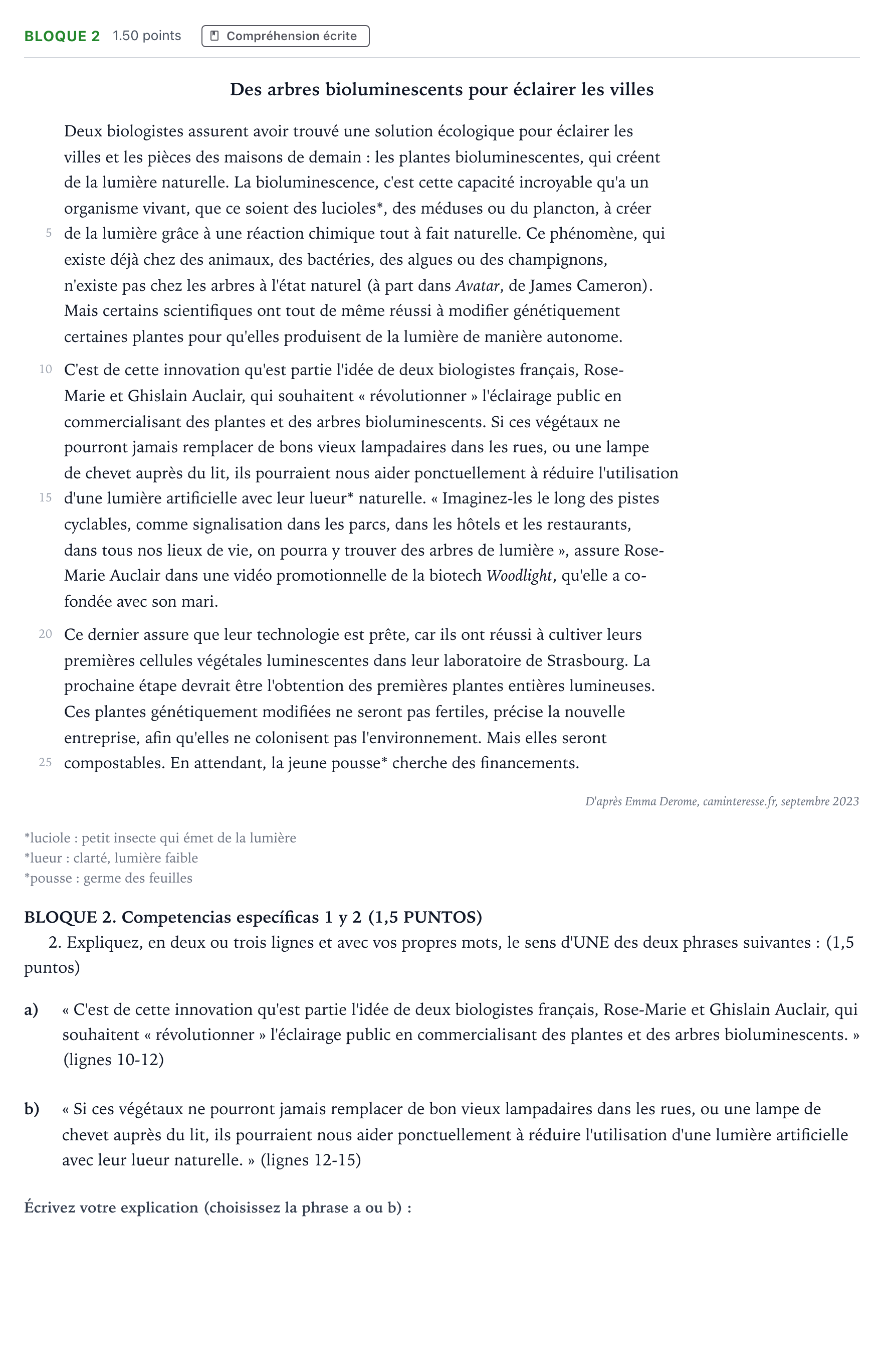 Enunciado: Bloque 2 · Francés PAU Madrid Modelo 2025