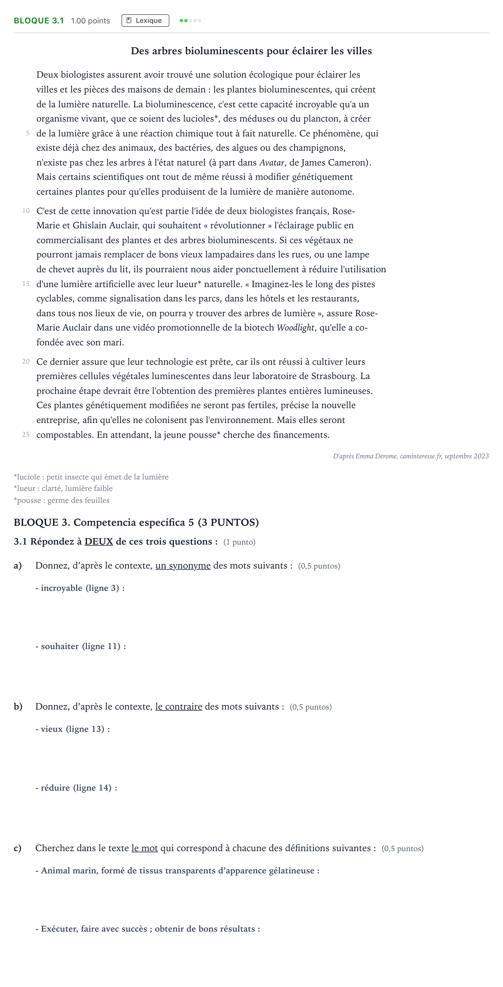 Enunciado: Bloque 3.1 - Lexique · Francés PAU Madrid Modelo 2025