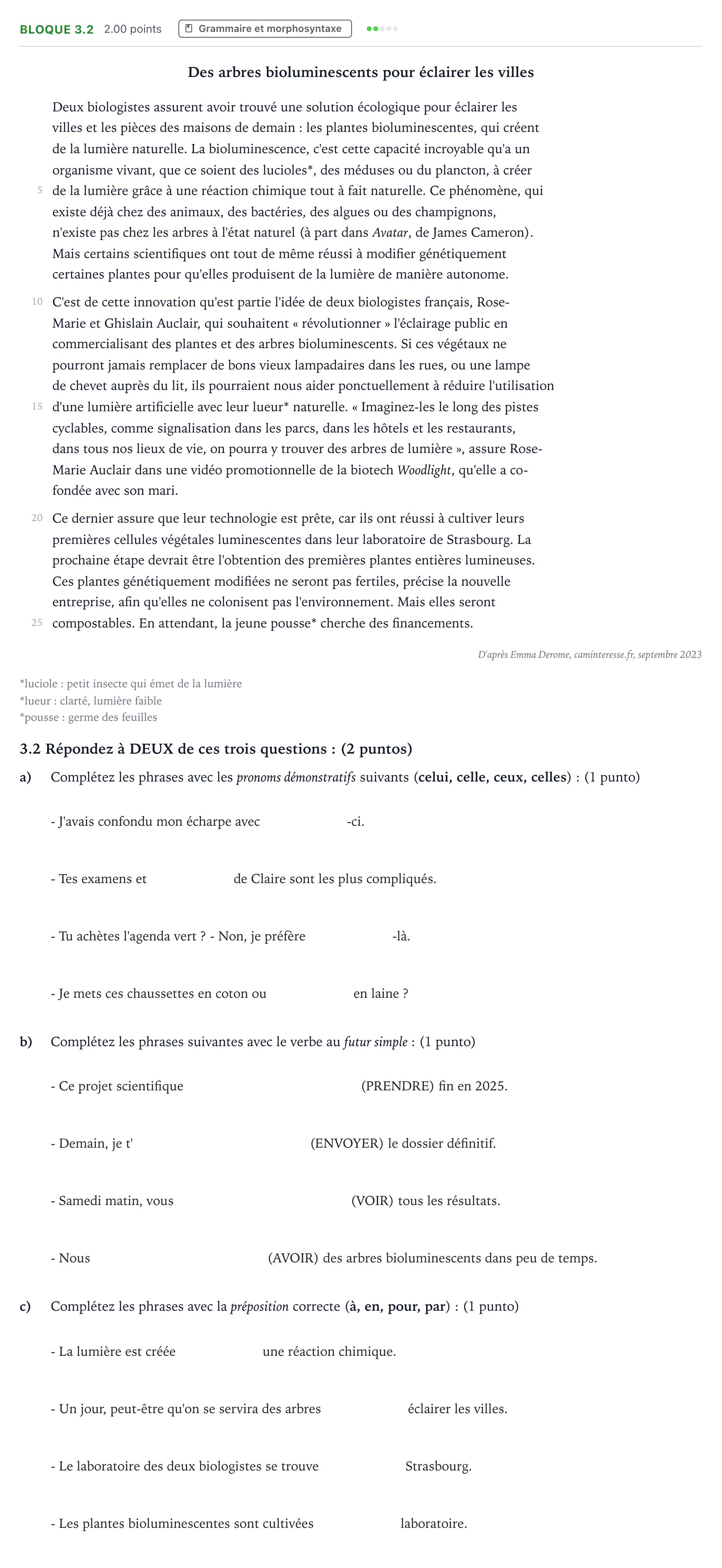 Enunciado: Bloque 3.2 - Grammaire et morphosyntaxe · Francés PAU Madrid Modelo 2025