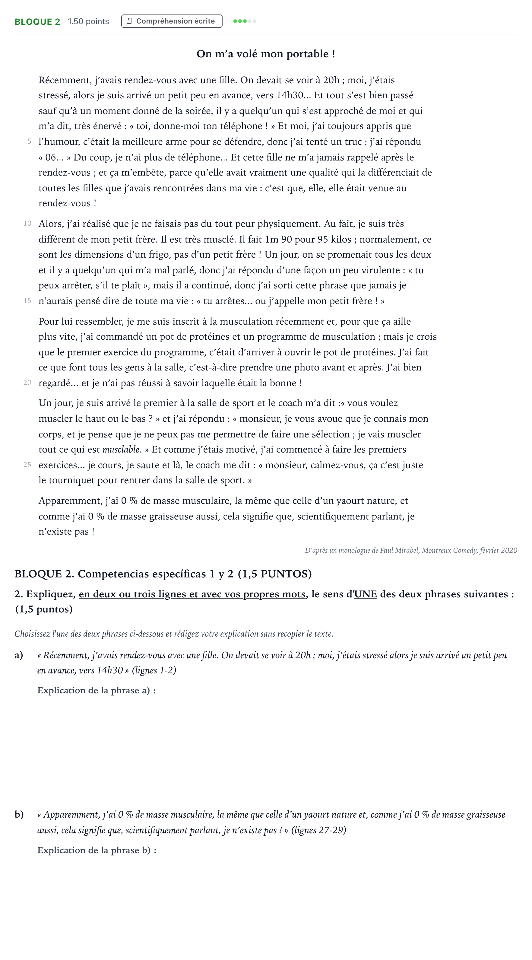 Enunciado: Bloque 2 · Francés PAU Madrid Ordinaria 9:30 2025