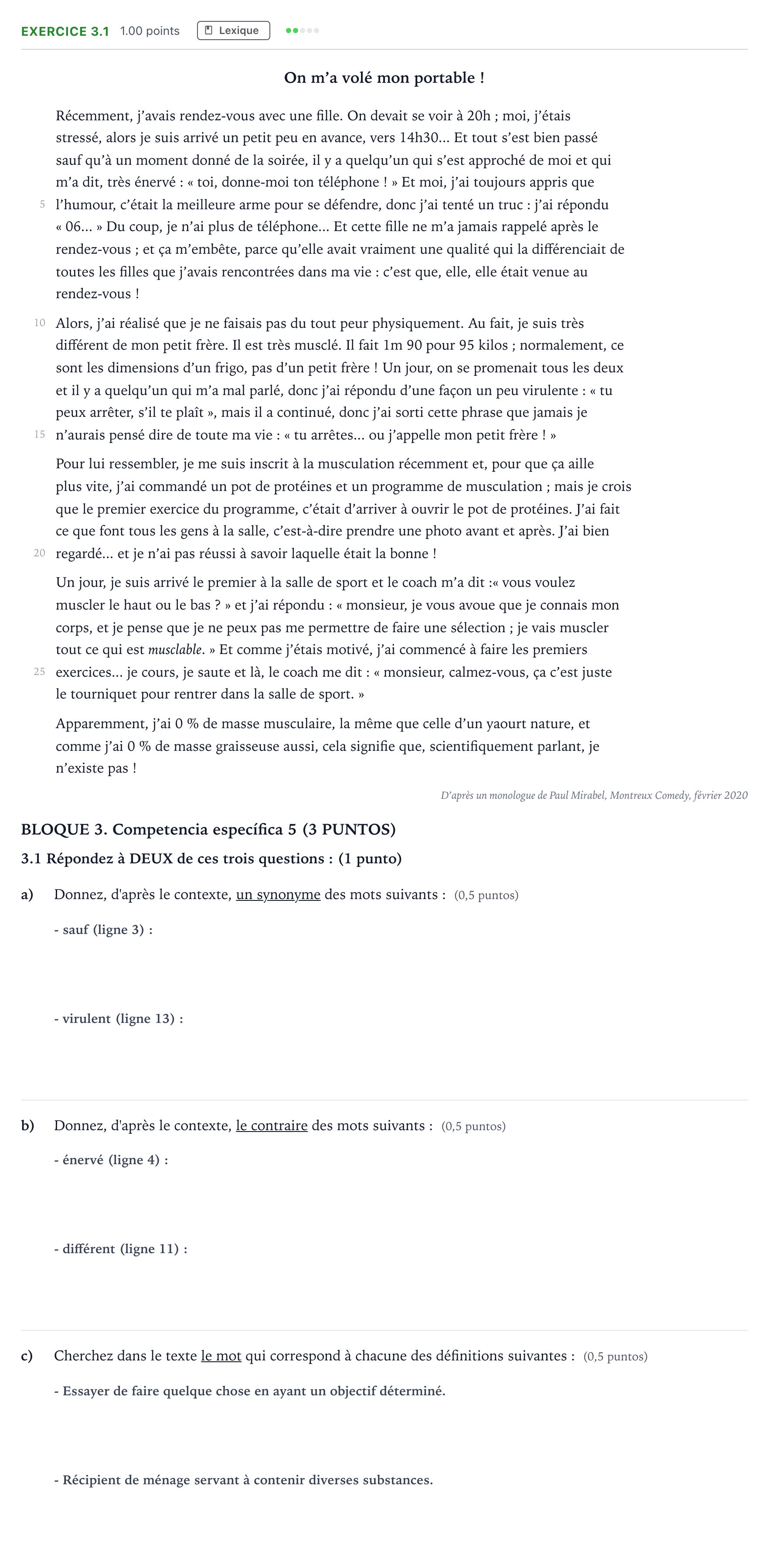 Enunciado: Ejercicio 3.1 - Lexique · Francés PAU Madrid Ordinaria 9:30 2025