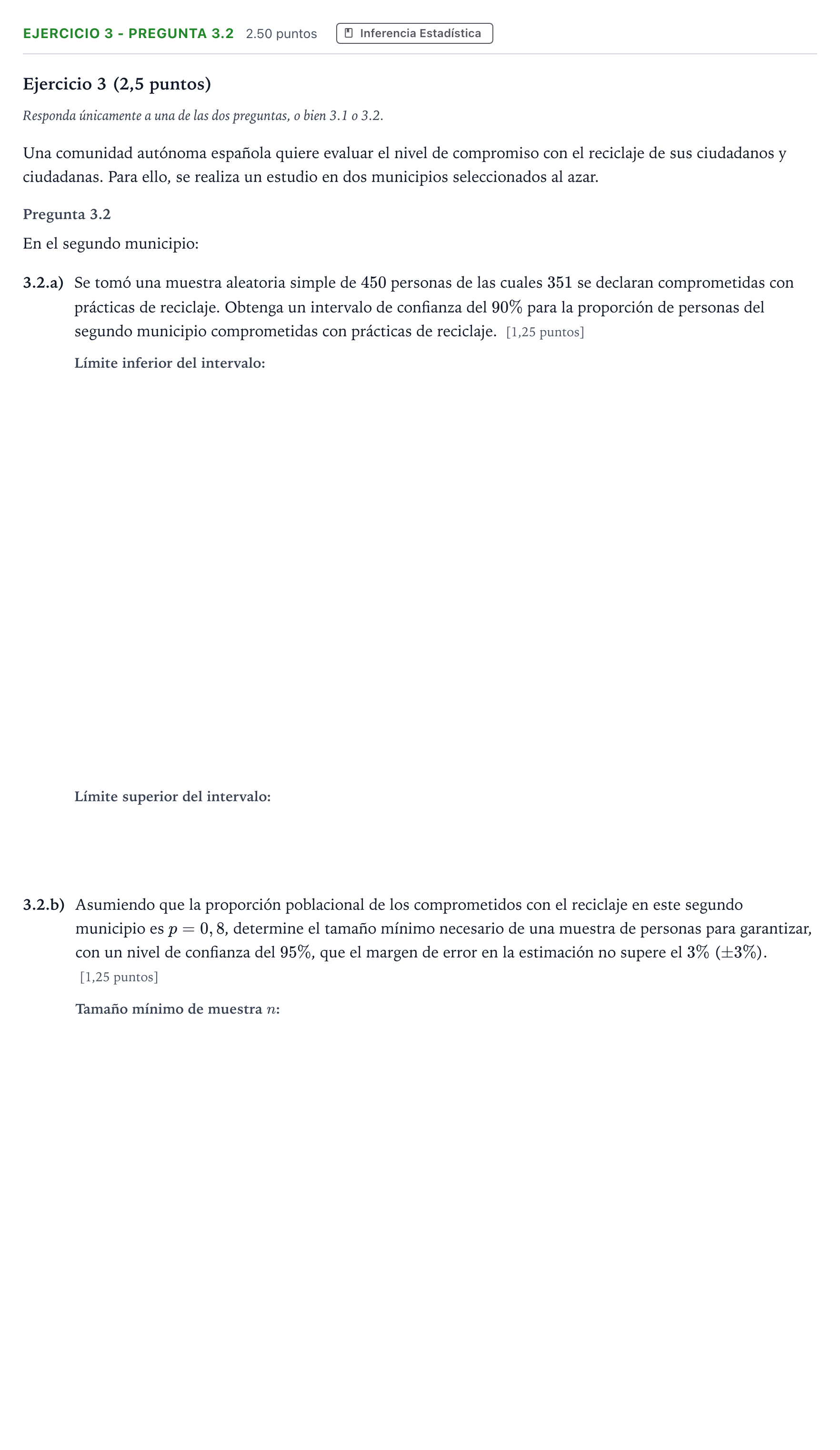 Enunciado: Ejercicio 3 - Pregunta 3.2 · Matemáticas aplicadas a las Ciencias Sociales II PAU Madrid Modelo 2025