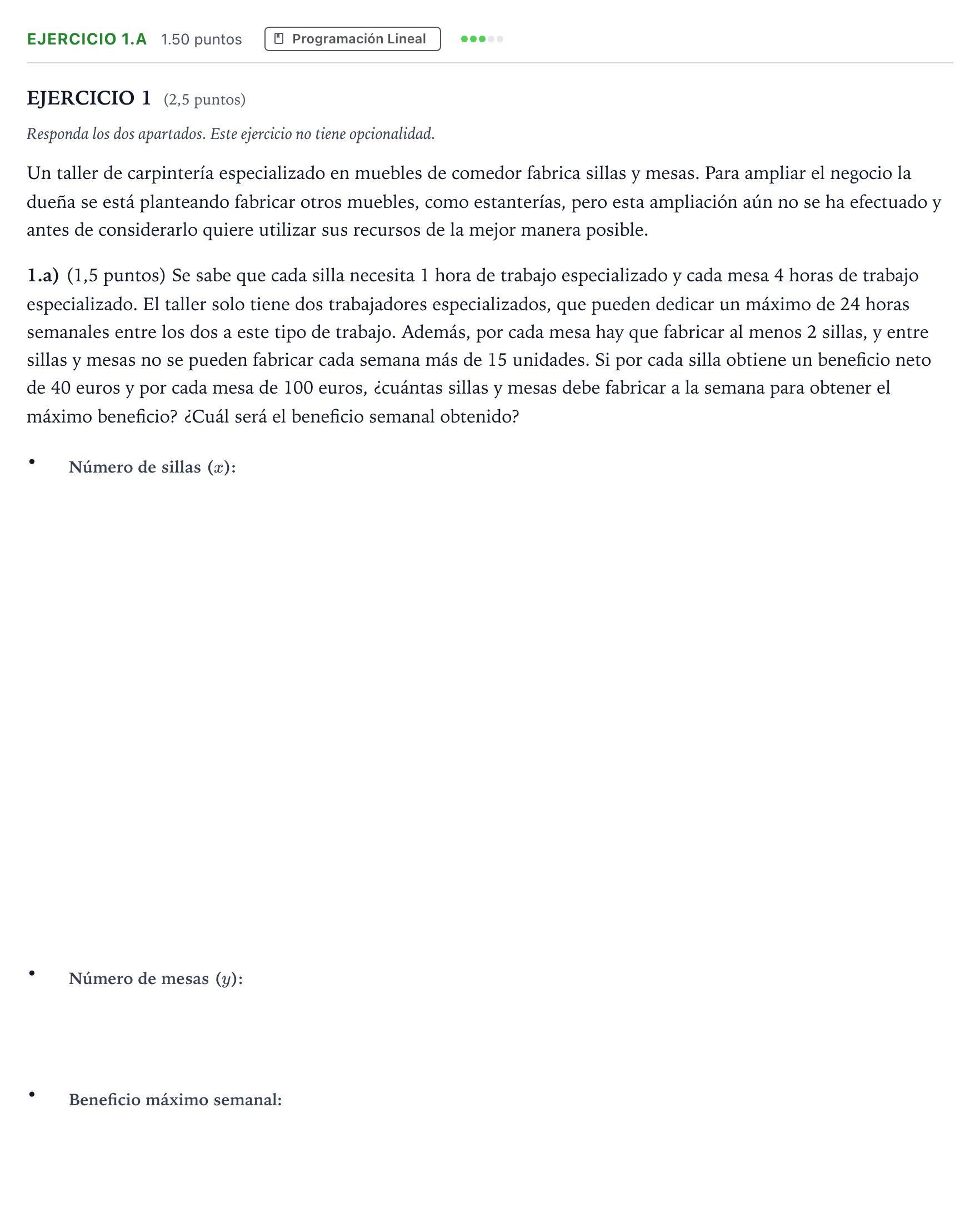 Enunciado: Ejercicio 1.a - Programación Lineal · Matemáticas aplicadas a las Ciencias Sociales II PAU Madrid Ordinaria Coincidencias 2025