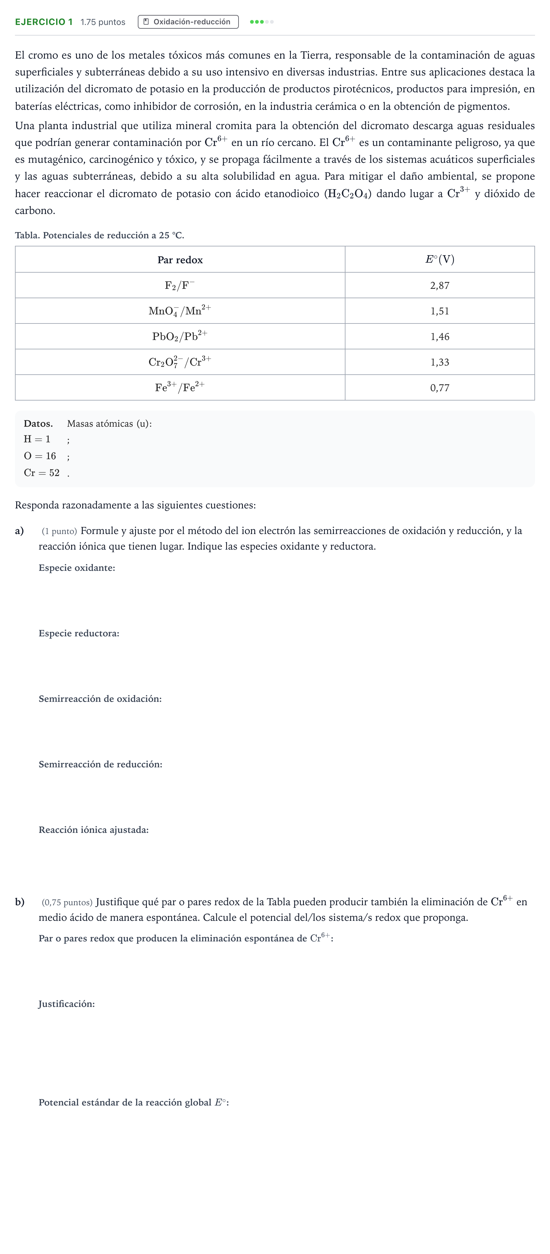 Enunciado: Ejercicio 1 - Oxidación-reducción · Química PAU Madrid Extraordinaria 2025