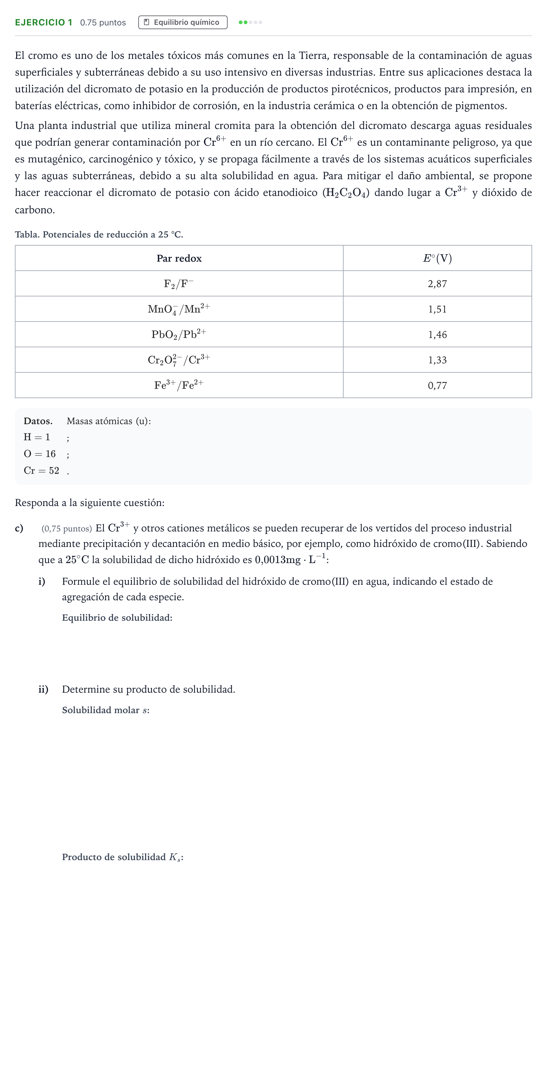 Enunciado: Ejercicio 1 - Equilibrio químico · Química PAU Madrid Extraordinaria 2025