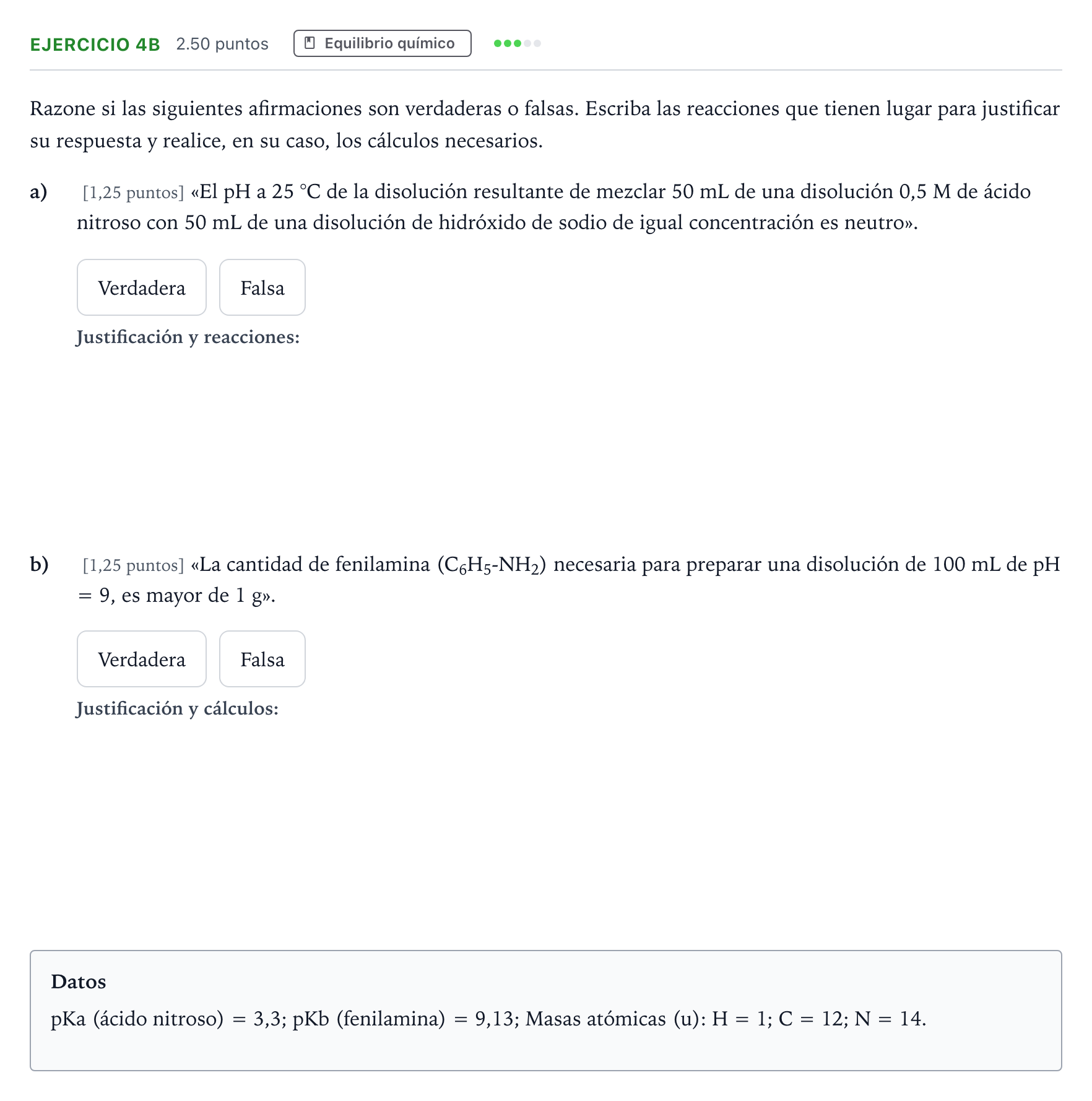 Enunciado: Ejercicio 4B · Química PAU Madrid Extraordinaria 2025