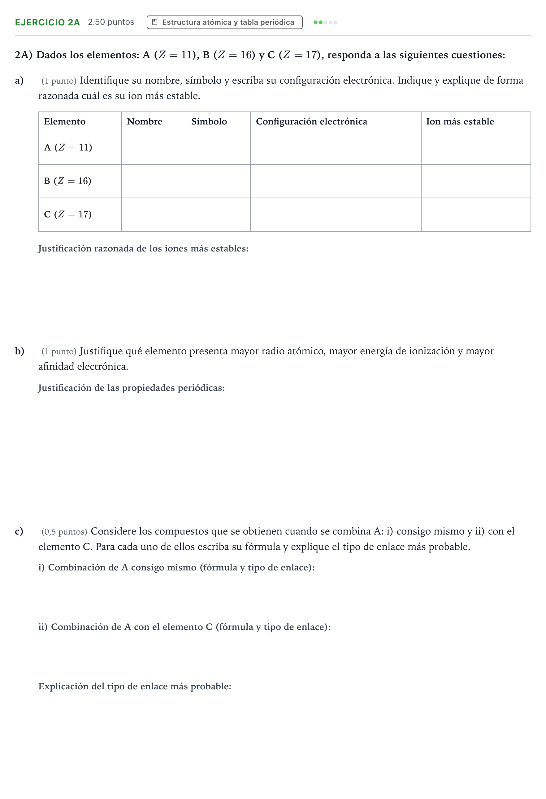 Enunciado: Ejercicio 2A · Química PAU Madrid Modelo 2025