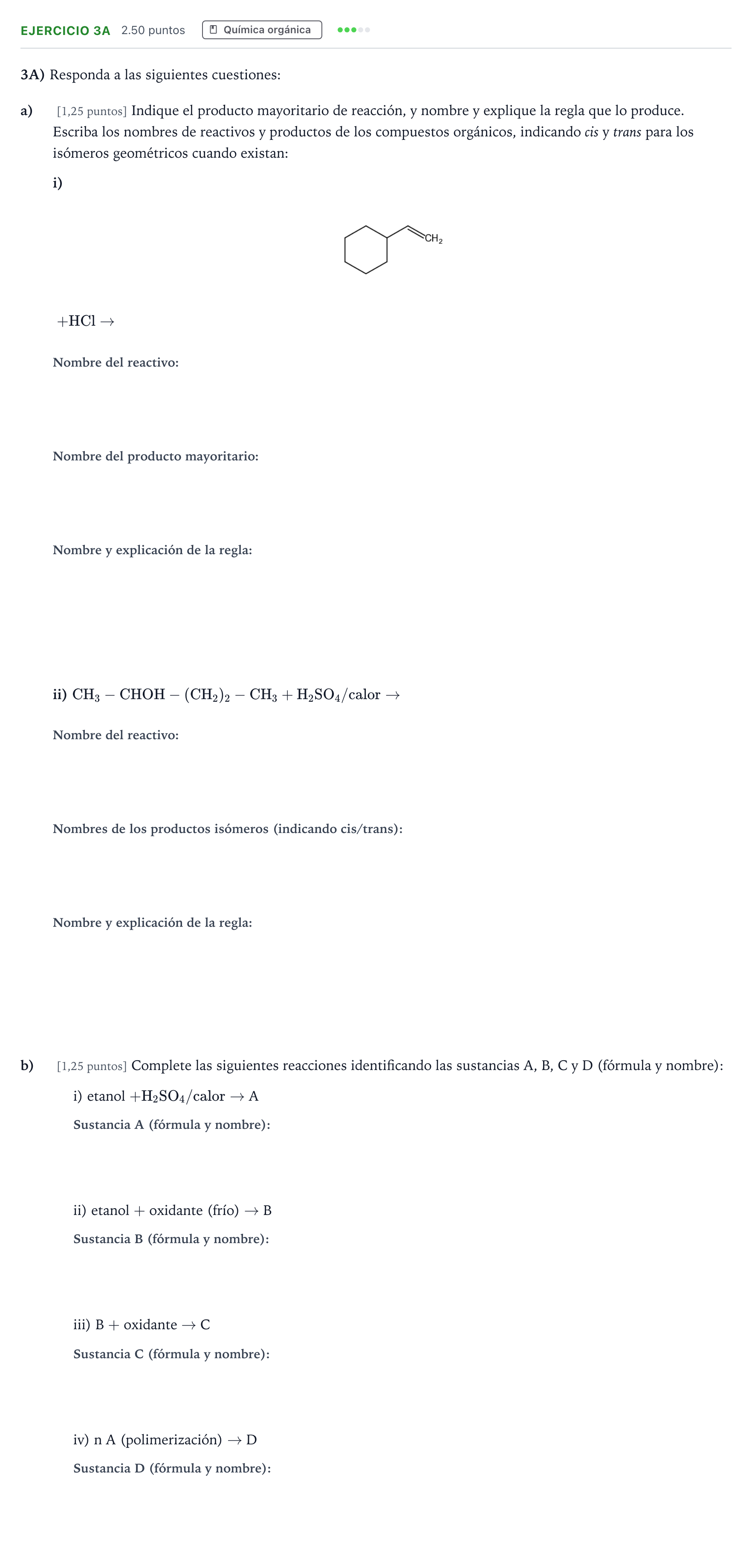 Enunciado: Ejercicio 3A · Química PAU Madrid Modelo 2025