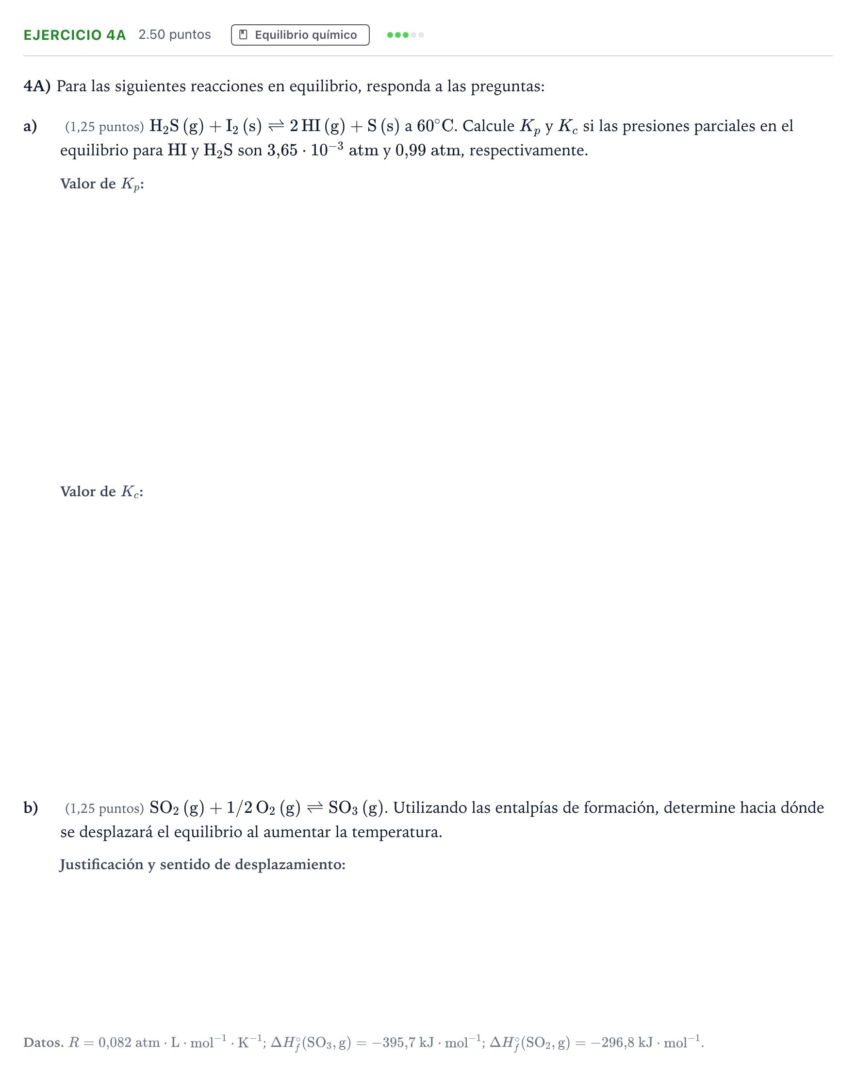 Enunciado: Ejercicio 4A · Química PAU Madrid Modelo 2025