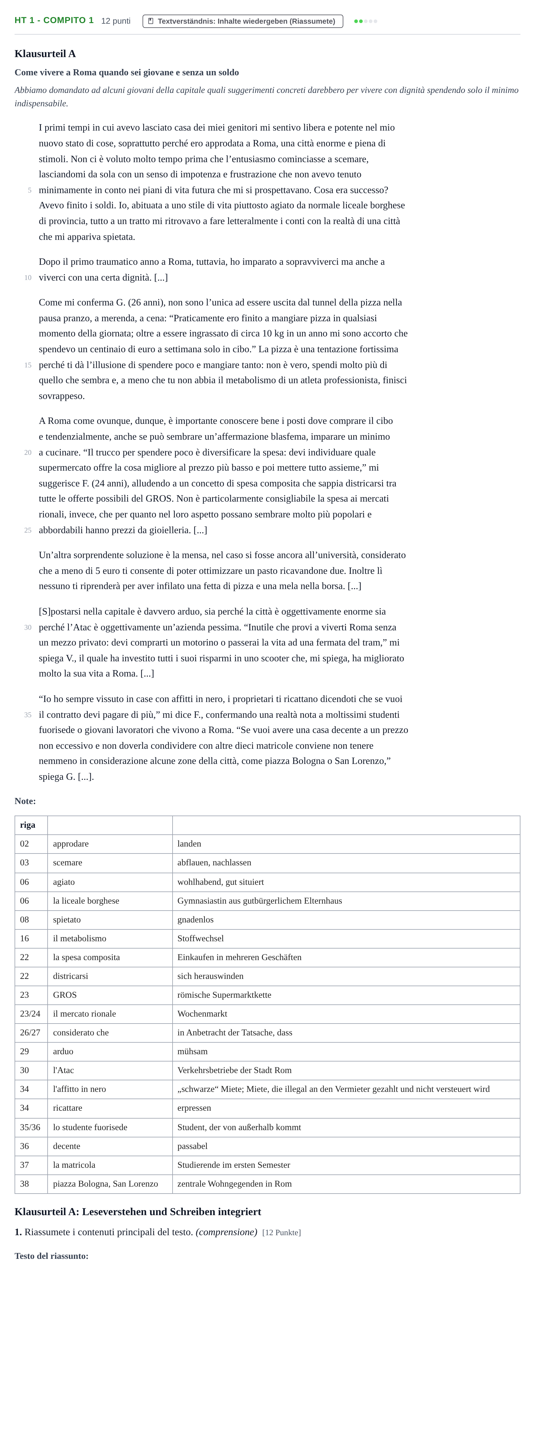 Aufgabenstellung: Aufgabe HT 1 - Compito 1 · Abitur NRW Italienisch GK · Haupttermin · neu einsetzend 2021