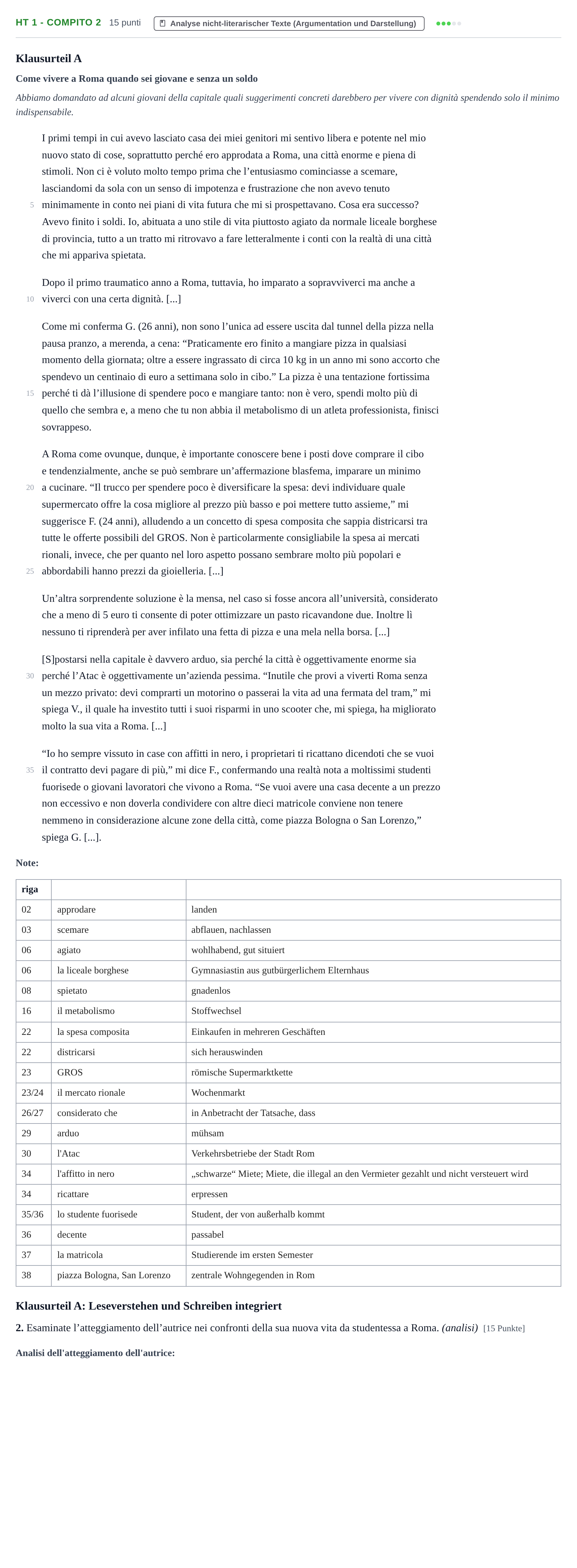 Aufgabenstellung: Aufgabe HT 1 - Compito 2 · Abitur NRW Italienisch GK · Haupttermin · neu einsetzend 2021