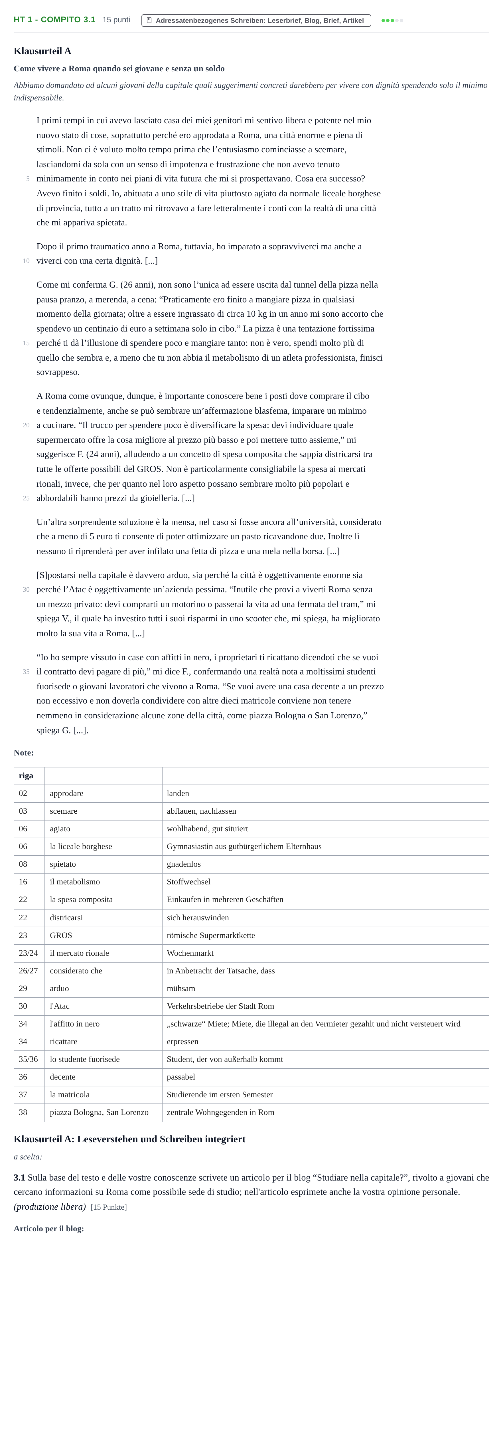 Aufgabenstellung: Aufgabe HT 1 - Compito 3.1 · Abitur NRW Italienisch GK · Haupttermin · neu einsetzend 2021
